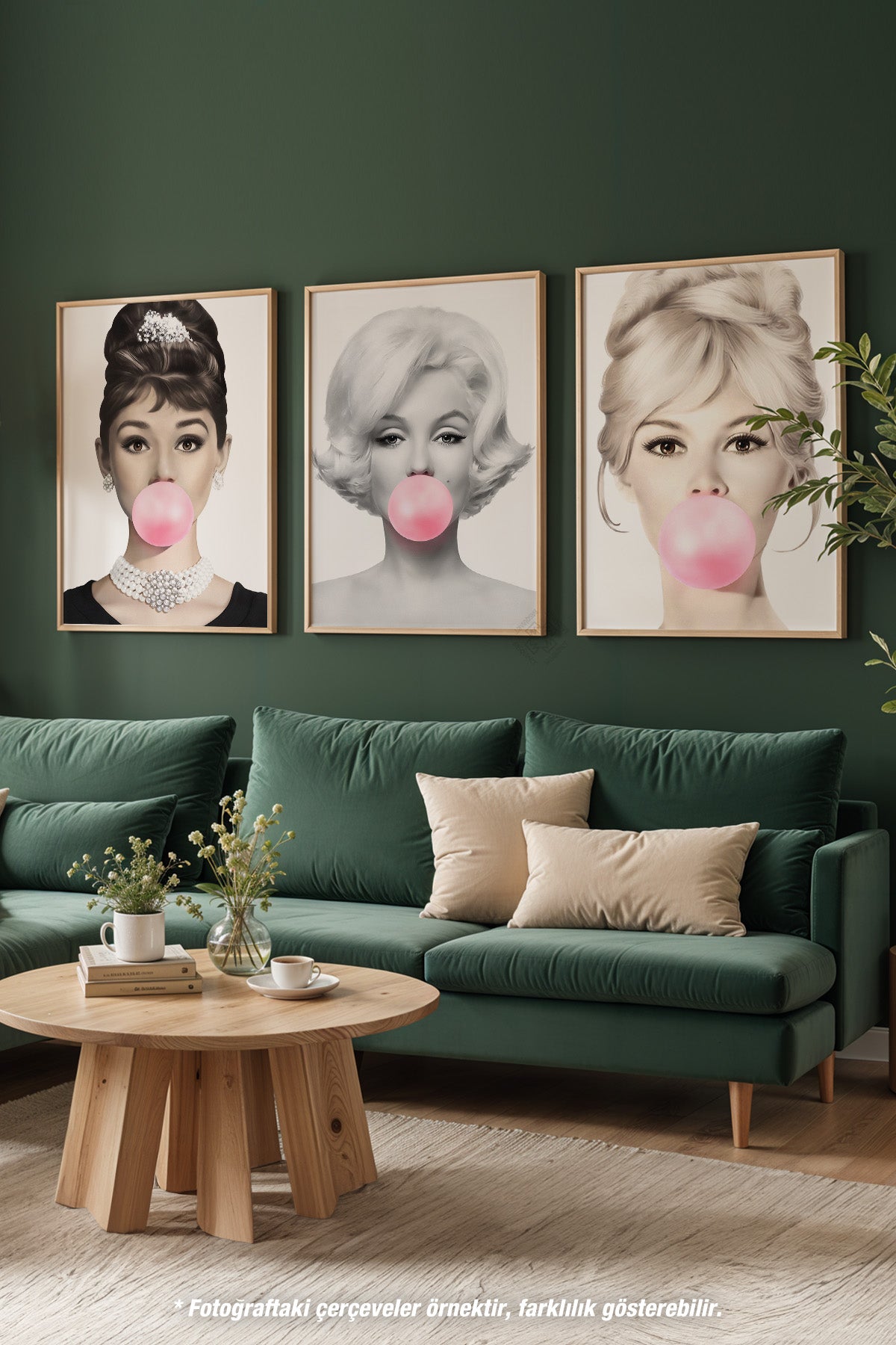 Hepburn, Monroe, Bardot 3'lü Ahşap Çerçeveli Poster, Tablo Seti No:28