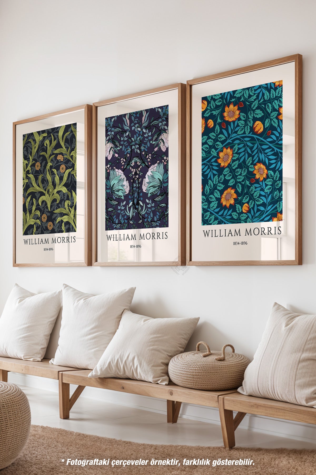 Çiçek Desenli Morris 3'lü Ahşap Çerçeveli Poster, Tablo Seti No:43