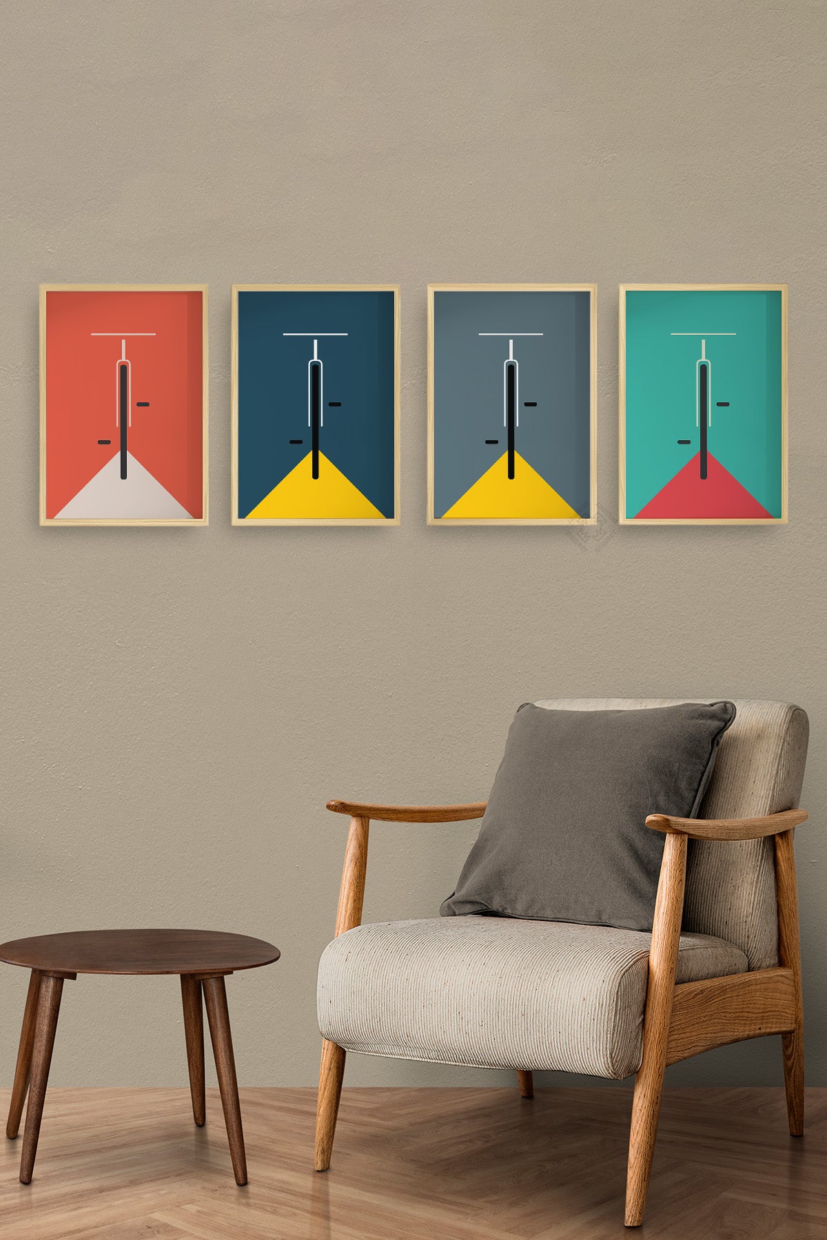 Bauhaus Minimalist 4'lü Ahşap Çerçeveli Poster, Tablo Seti No:28