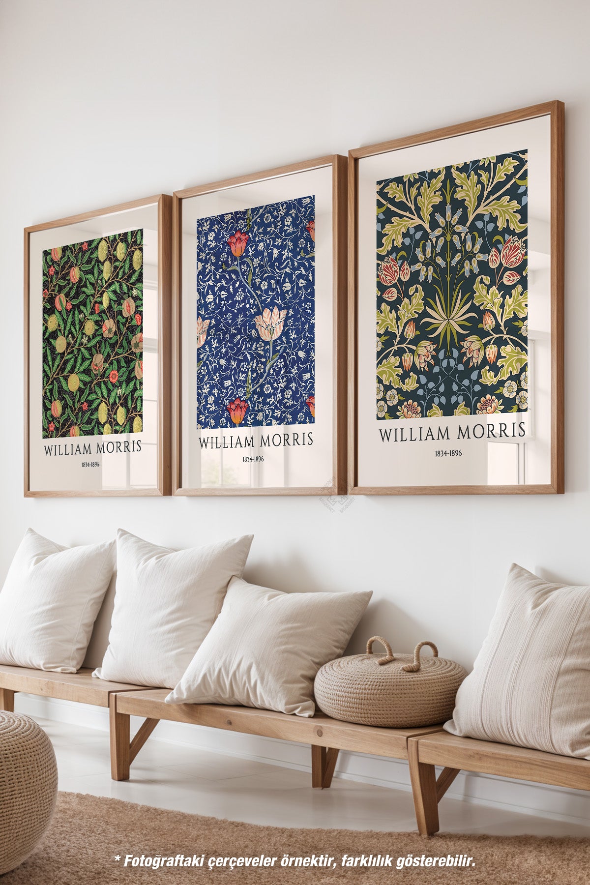 Çiçekli 3'lü Ahşap Çerçeveli Poster, Tablo Seti No:44