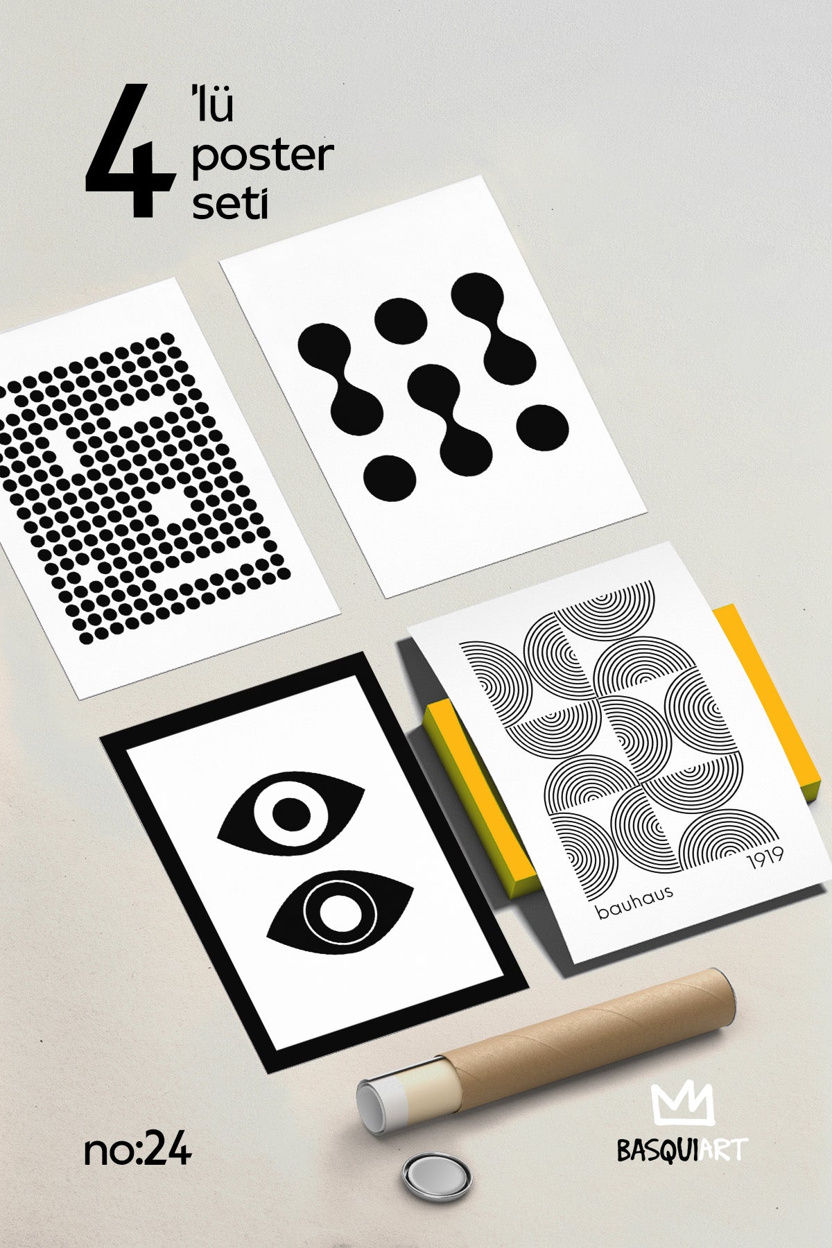 Siyah Beyaz Bauhaus 4'lü Poster Seti, Duvar Dekoru No:24