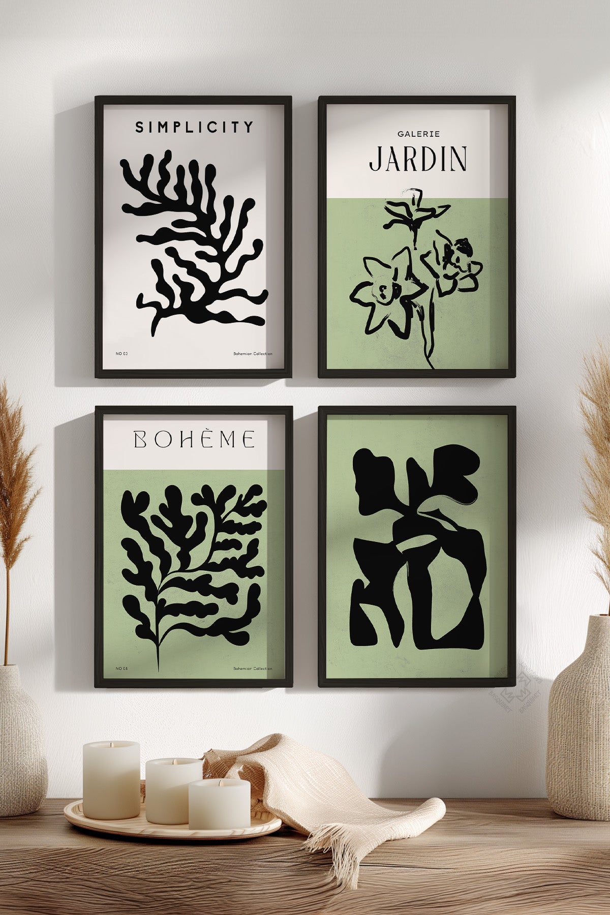 Minimalist Bohem Dekor 4'lü Siyah Çerçeveli Poster, Tablo Seti No:9