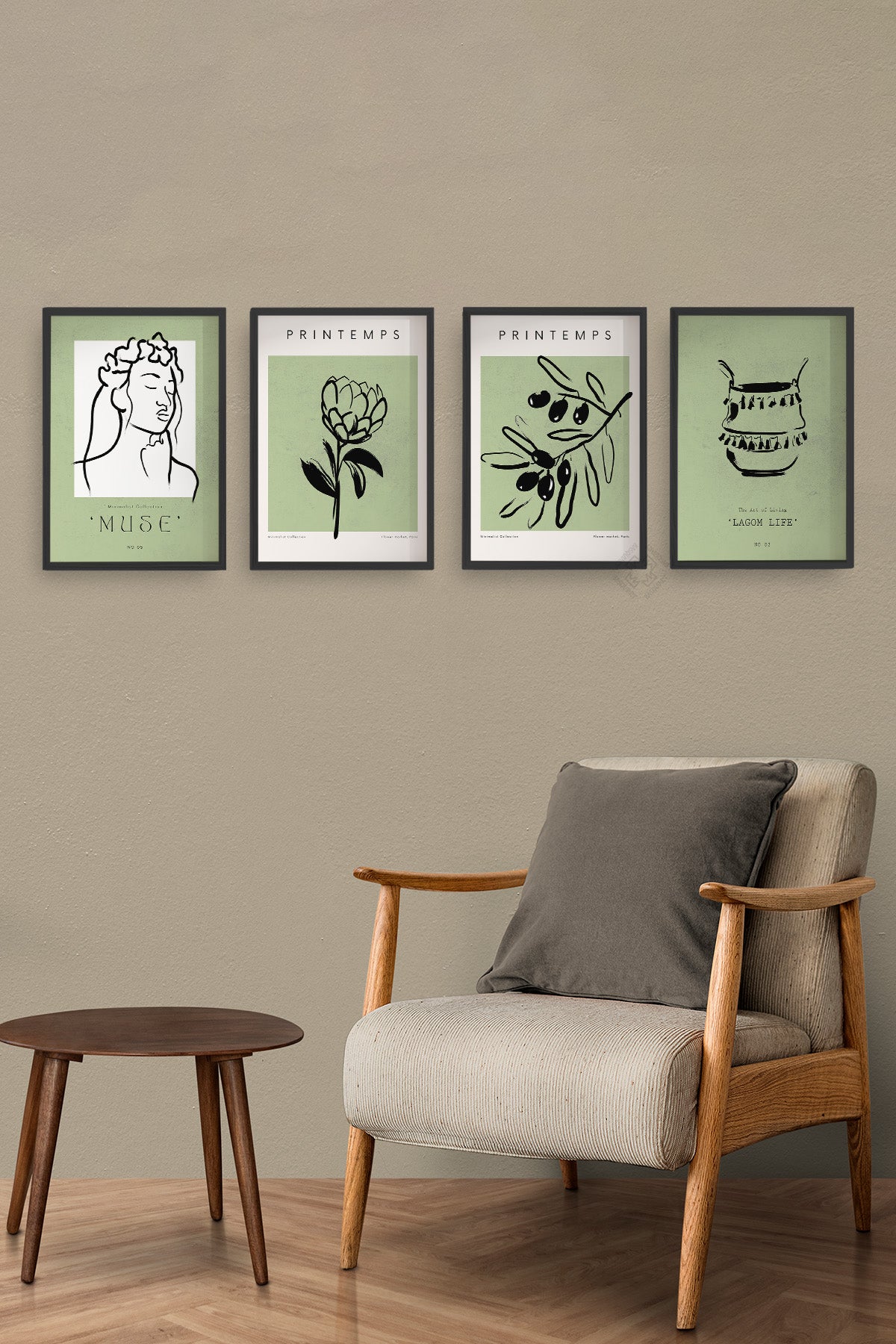 Yeşil Minimal 4'lü Siyah Çerçeveli Poster, Tablo Seti No:10