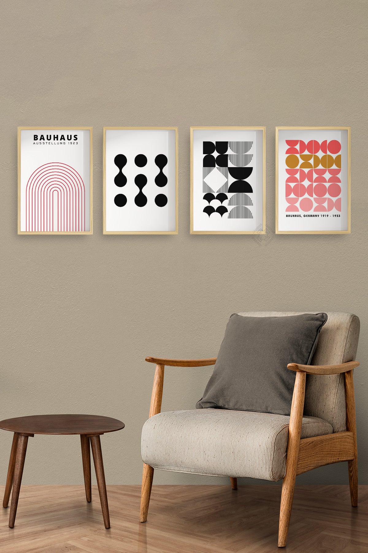 Bauhaus Çizgisel 4'lü Ahşap Çerçeveli Poster, Tablo Seti No:26