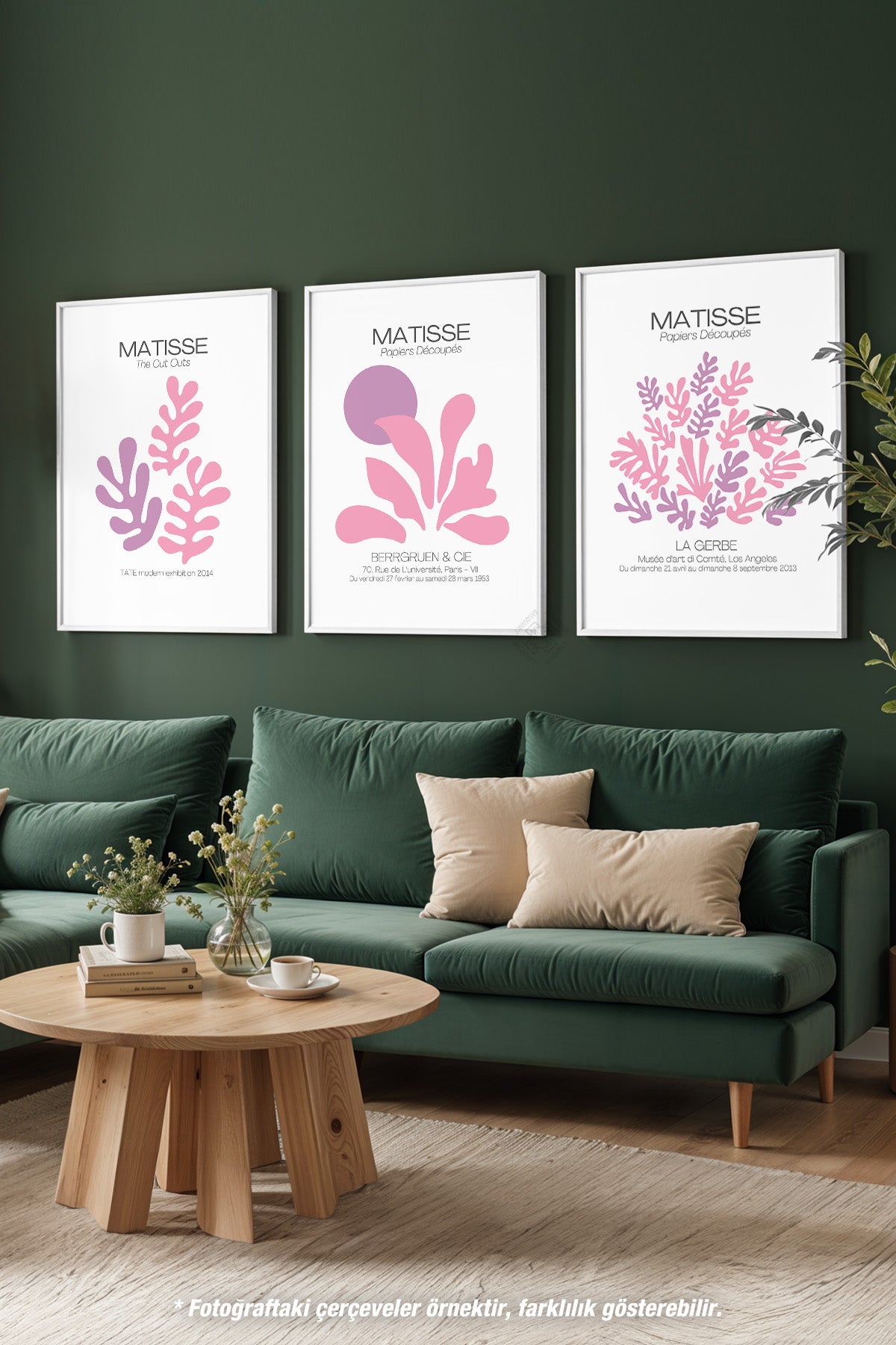 Pembe Minimal Matisse 3'lü Beyaz Çerçeveli Poster, Tablo Seti No:35