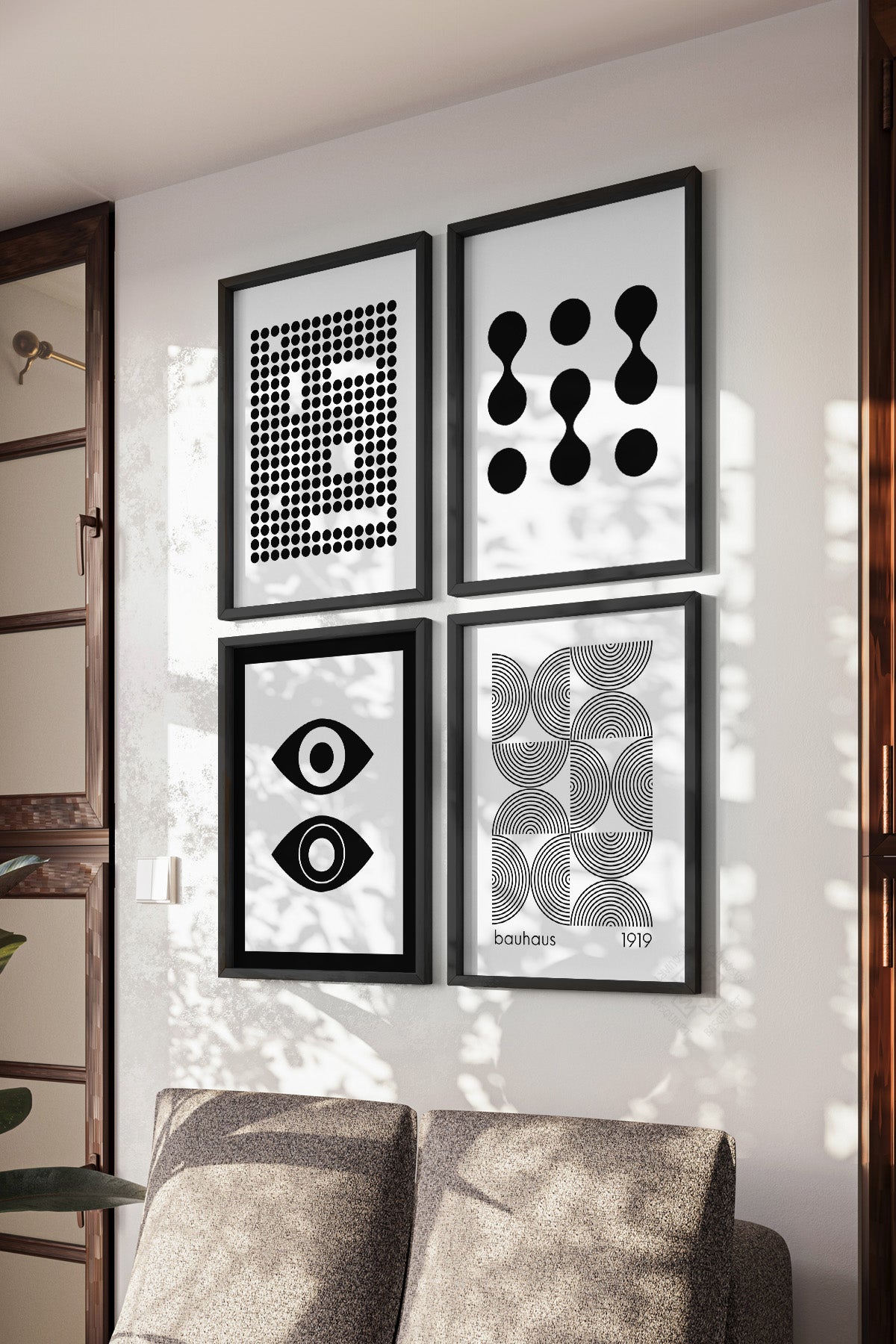 Siyah Beyaz Bauhaus 4'lü Siyah Çerçeveli Poster, Tablo Seti No:24