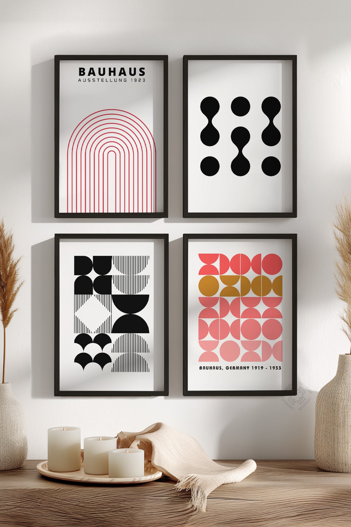 Bauhaus Çizgisel 4'lü Siyah Çerçeveli Poster, Tablo Seti No:26