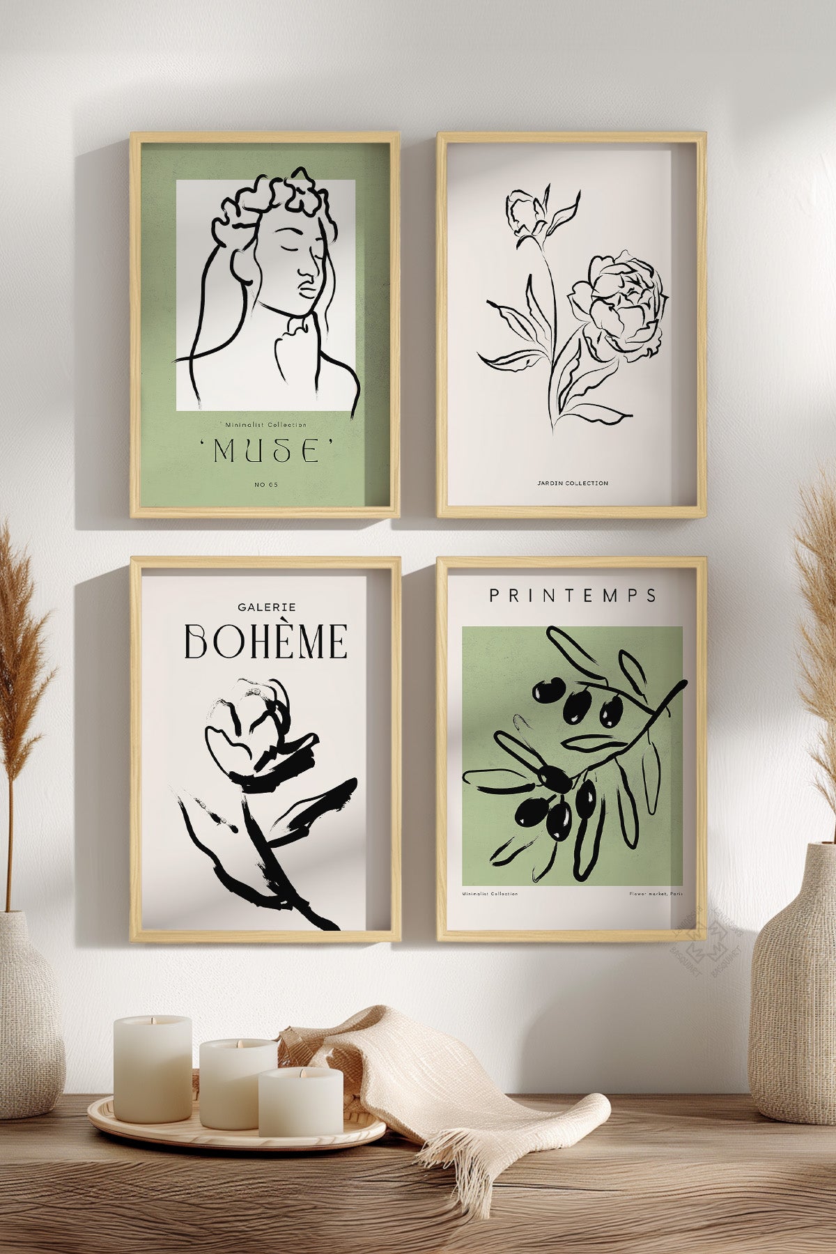 Boho Tarzı 4'lü Ahşap Çerçeveli Poster, Tablo Seti No:4