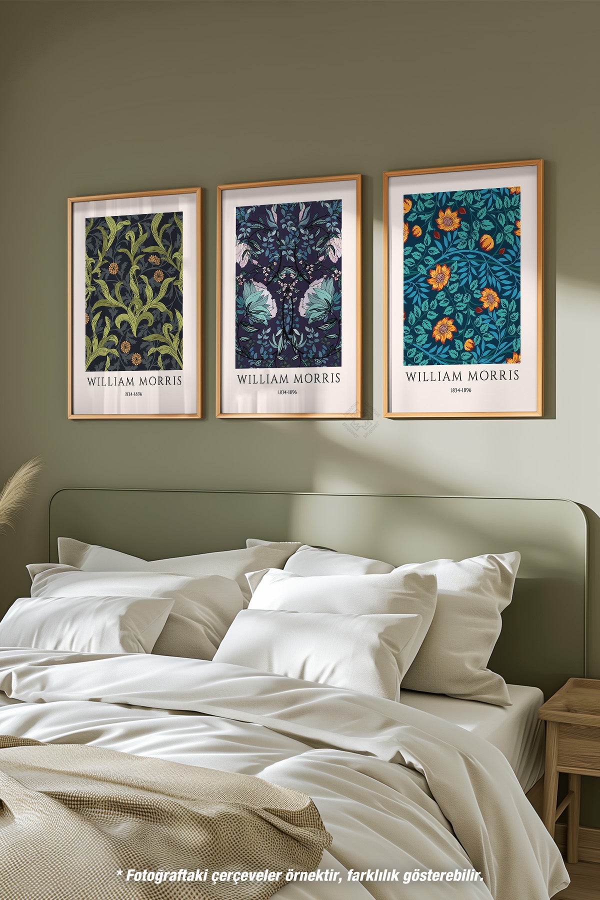 Çiçek Desenli Morris 3'lü Ahşap Çerçeveli Poster, Tablo Seti No:43