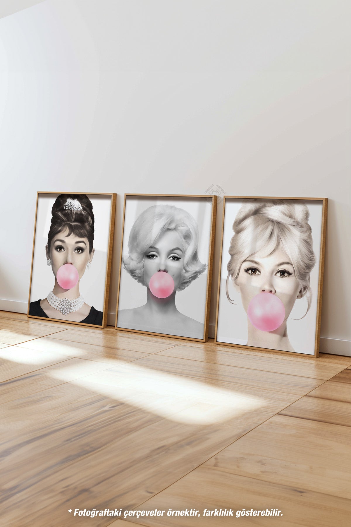 Hepburn, Monroe, Bardot 3'lü Ahşap Çerçeveli Poster, Tablo Seti No:28