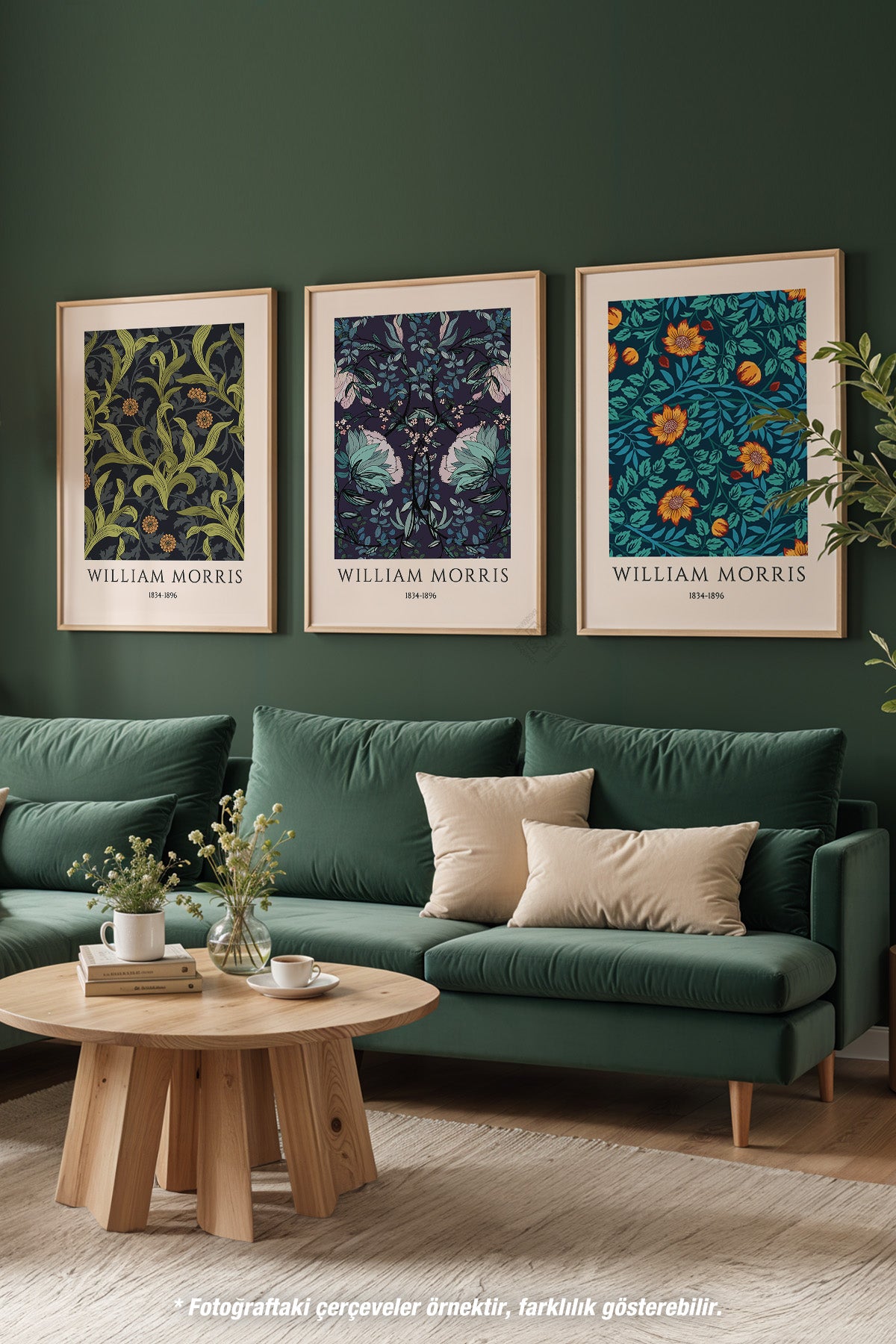 Çiçek Desenli Morris 3'lü Ahşap Çerçeveli Poster, Tablo Seti No:43
