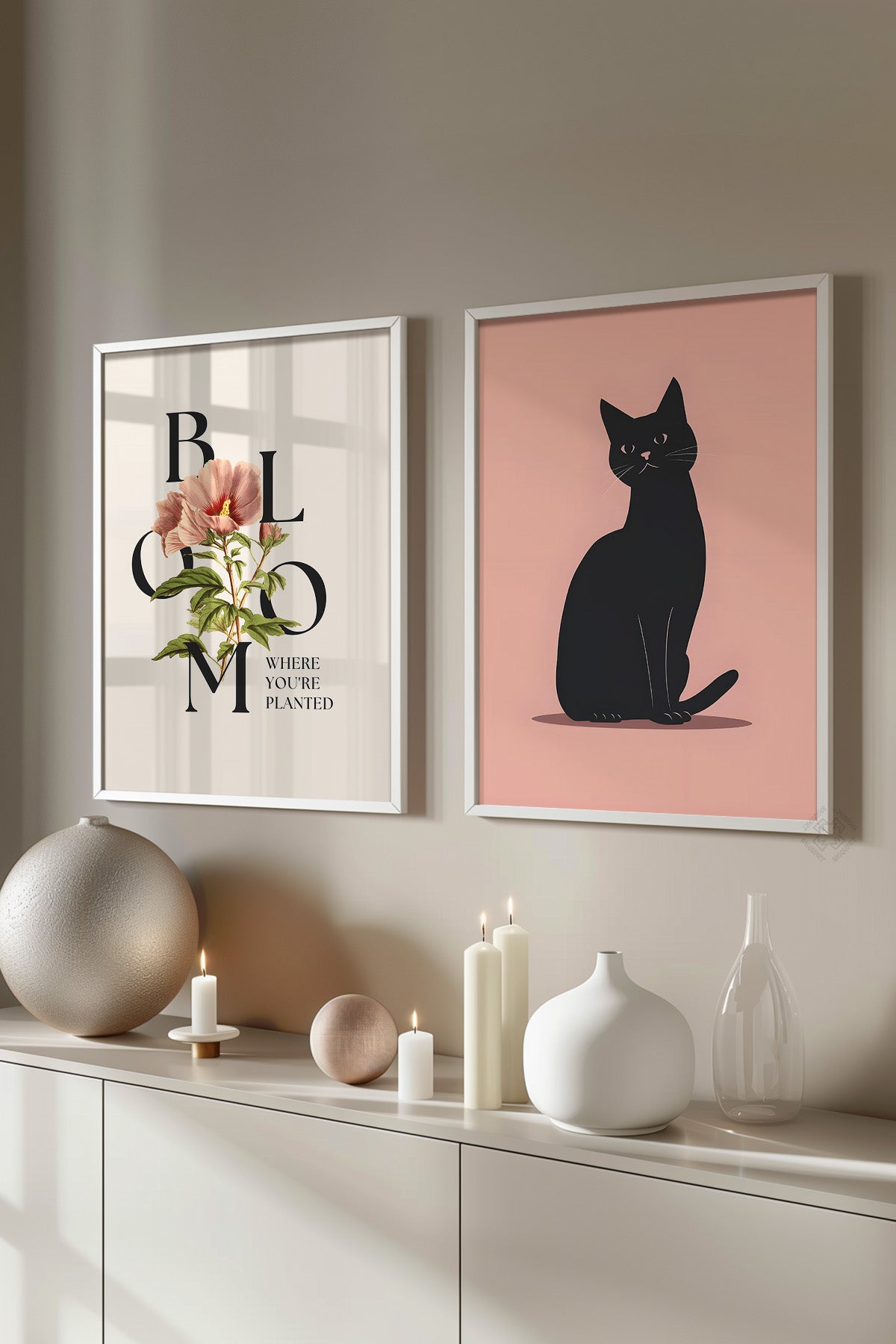 Kedili 2'li Beyaz Çerçeveli Poster, Tablo Seti No:7
