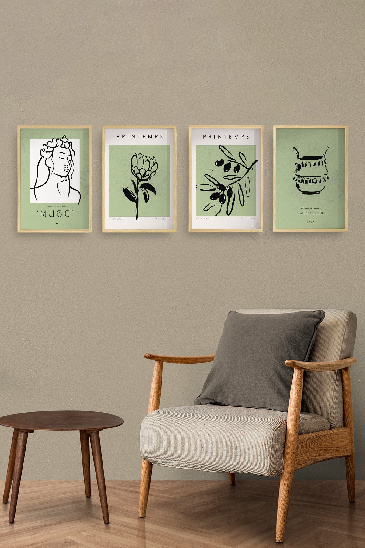 Yeşil Minimal 4'lü Ahşap Çerçeveli Poster, Tablo Seti No:10