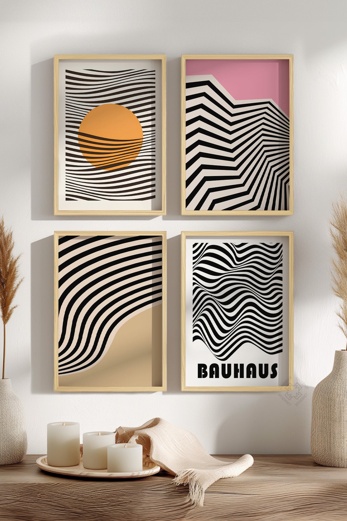 Bauhaus Minimalist 4'lü Ahşap Çerçeveli Poster, Tablo Seti No:29