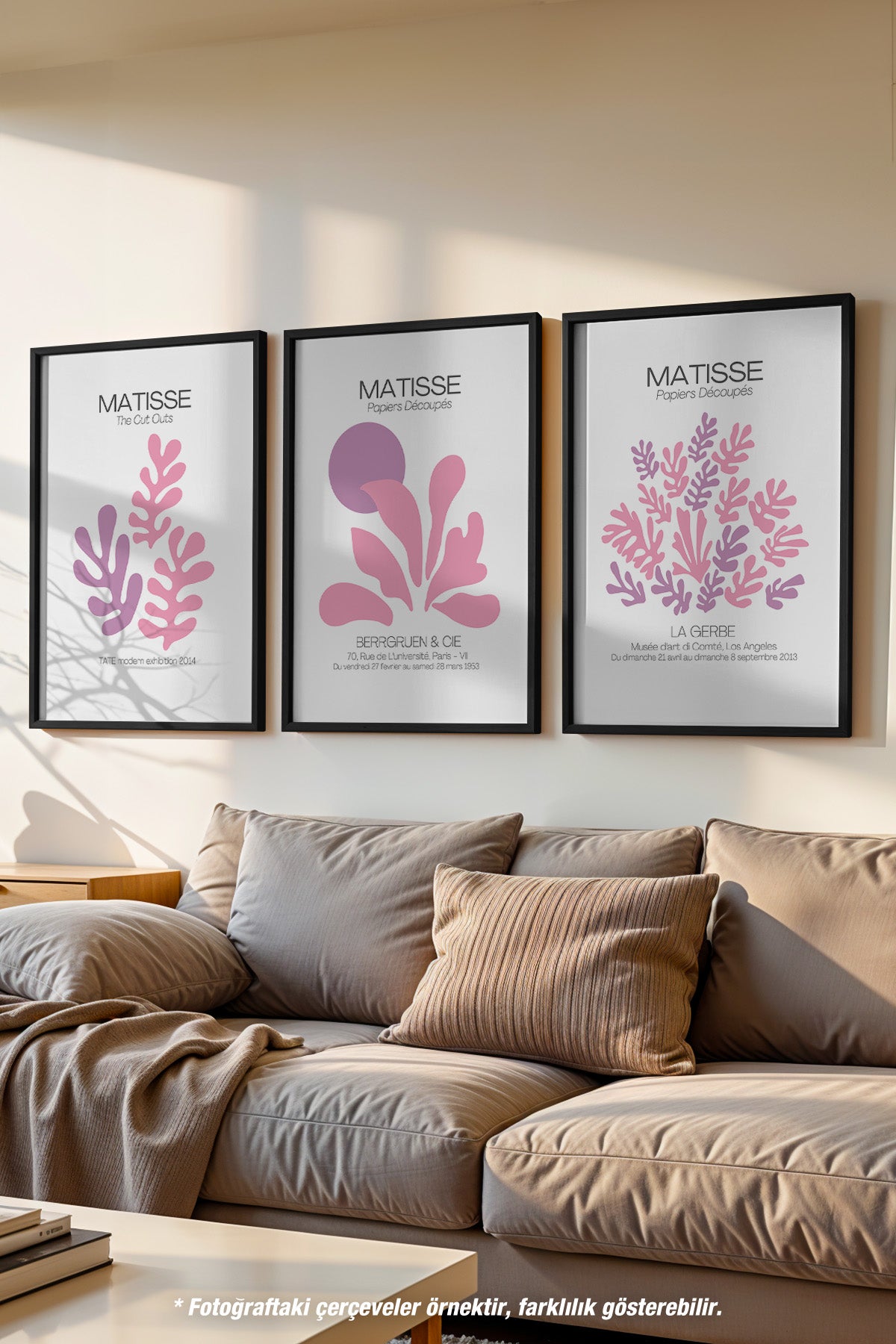 Pembe Minimal Matisse 3'lü Siyah Çerçeveli Poster, Tablo Seti No:35