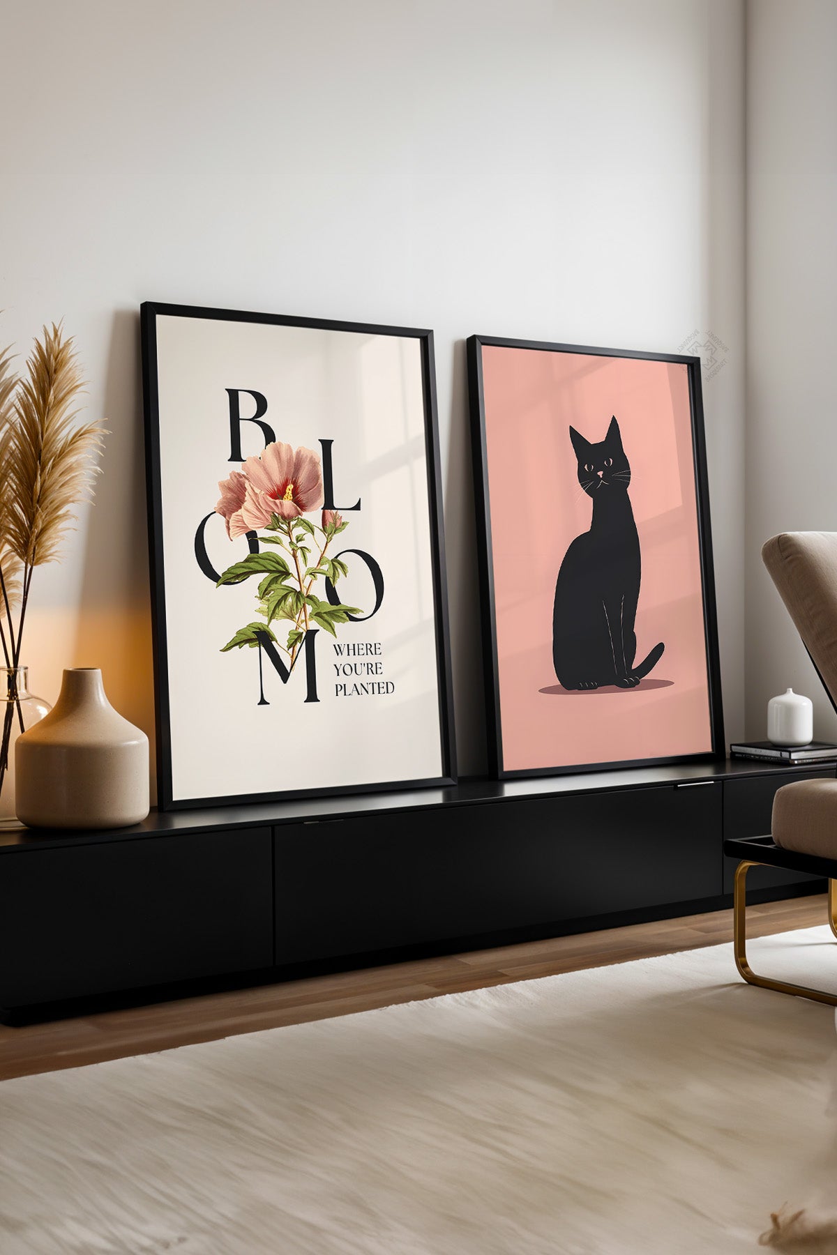 Kedili 2'li Siyah Çerçeveli Poster, Tablo Seti No:7