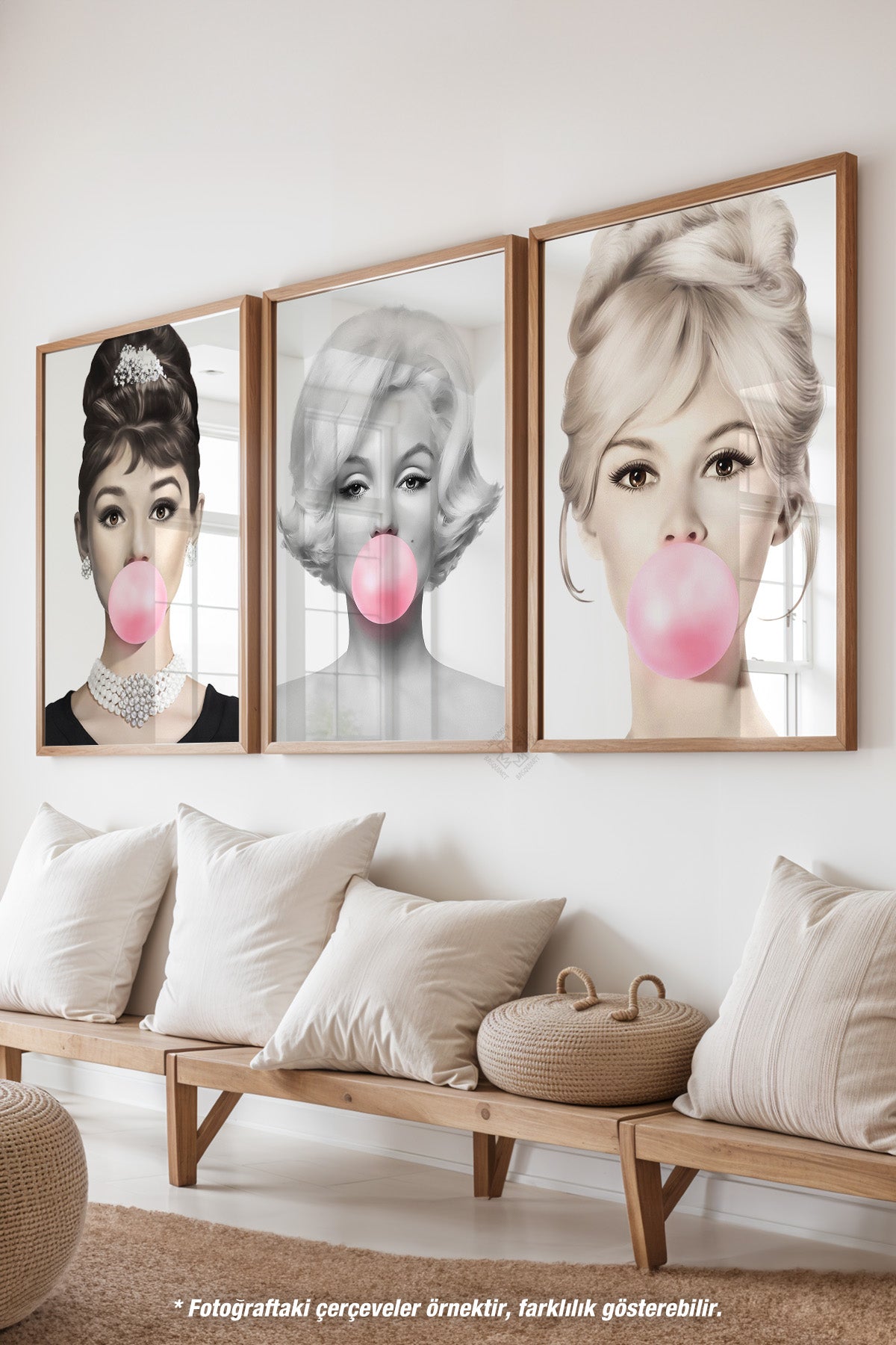 Hepburn, Monroe, Bardot 3'lü Ahşap Çerçeveli Poster, Tablo Seti No:28