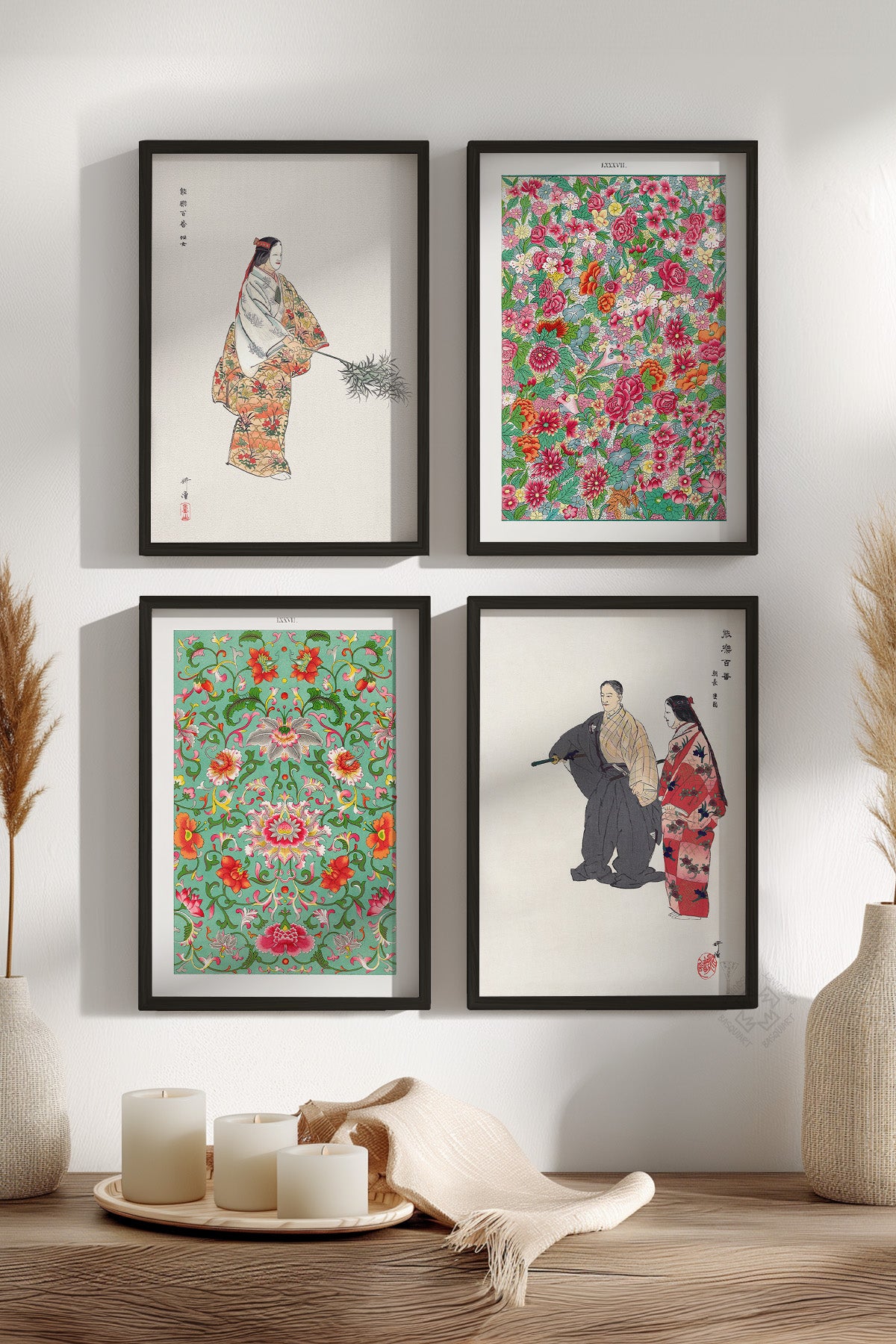 Japon Sanatı 4'lü Siyah Çerçeveli Poster, Tablo Seti No:44