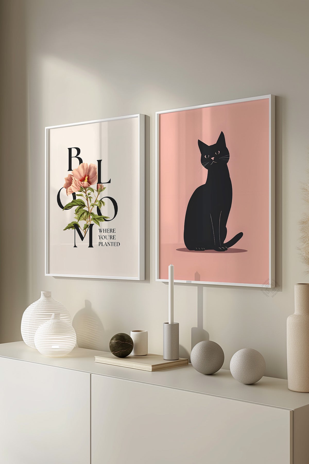 Kedili 2'li Beyaz Çerçeveli Poster, Tablo Seti No:7