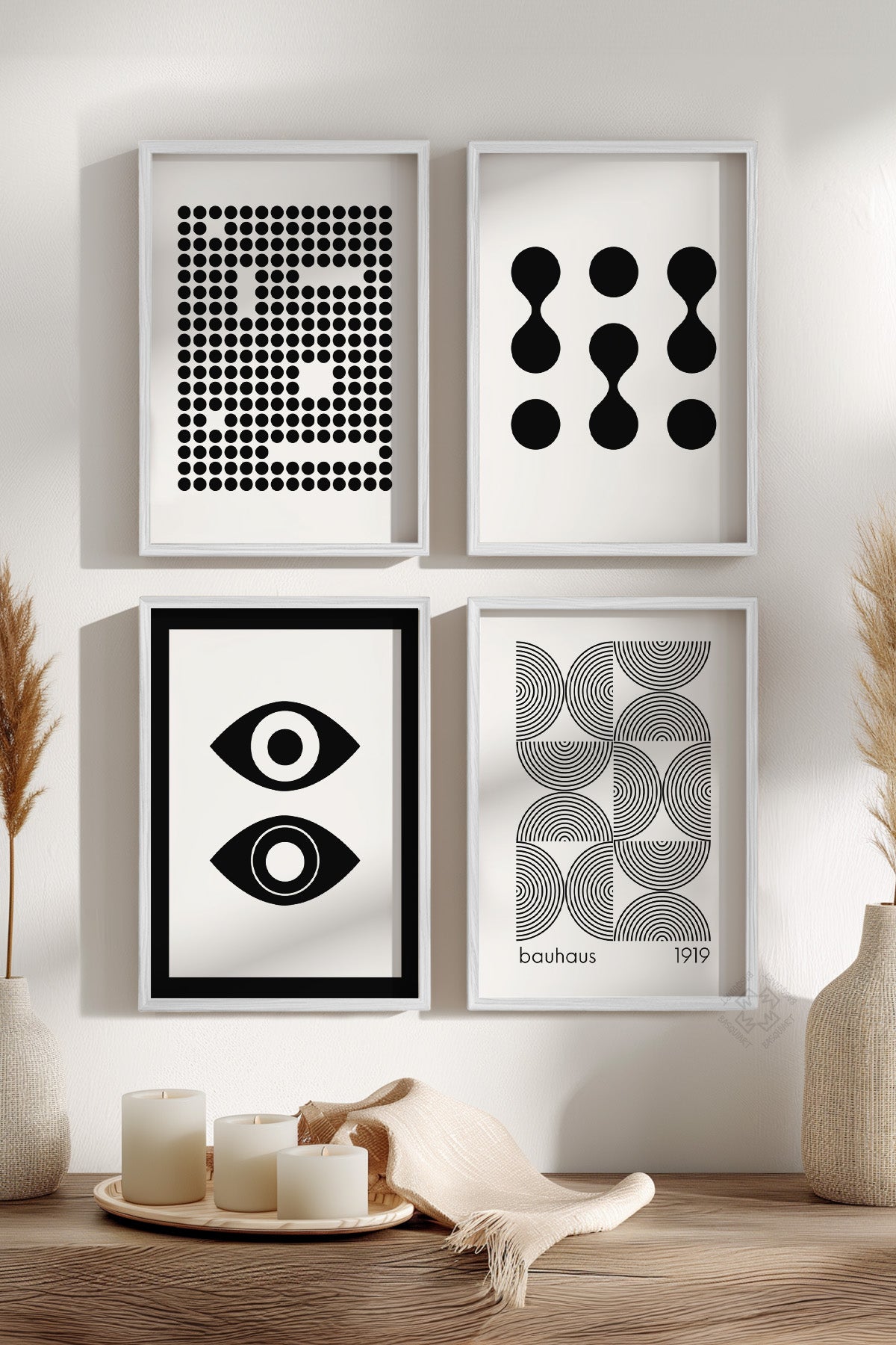 Siyah Beyaz Bauhaus 4'lü Beyaz Çerçeveli Poster, Tablo Seti No:24