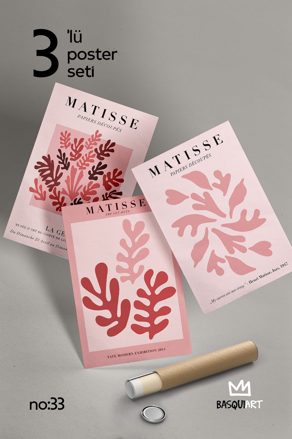 Pembe Matisse 3'lü Poster Seti, Duvar Dekoru No:33
