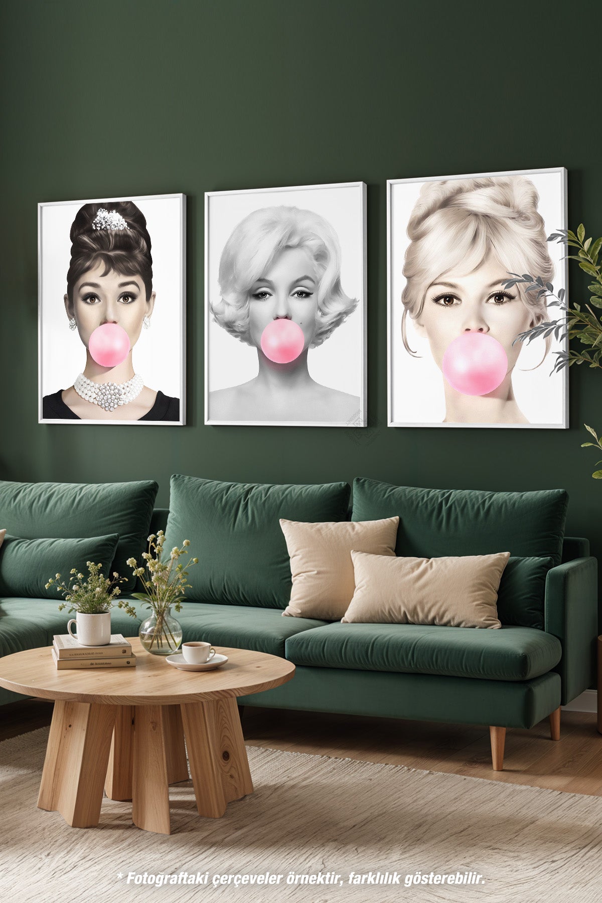 Hepburn, Monroe, Bardot 3'lü Beyaz Çerçeveli Poster, Tablo Seti No:28