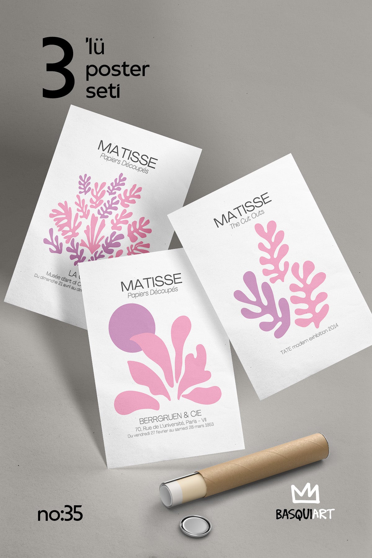Pembe Minimal Matisse 3'lü Poster Seti, Duvar Dekoru No:35