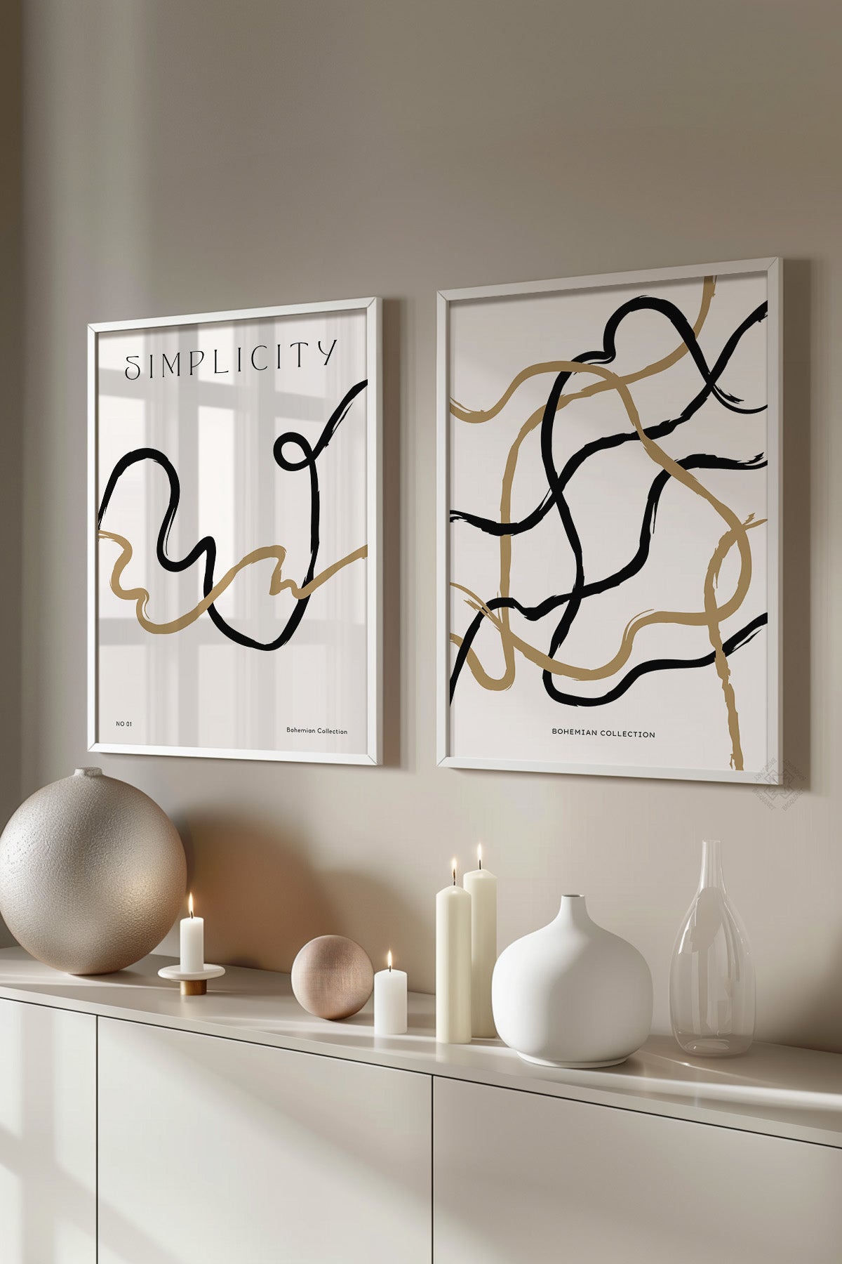 Minimal Sanatsal 2'li Beyaz Çerçeveli Poster, Tablo Seti No:20