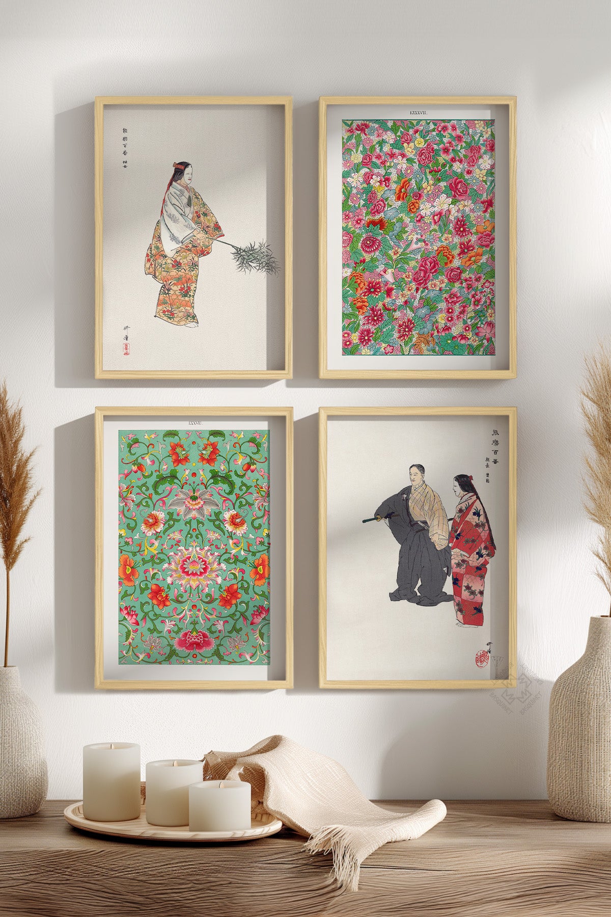 Japon Sanatı 4'lü Ahşap Çerçeveli Poster, Tablo Seti No:44