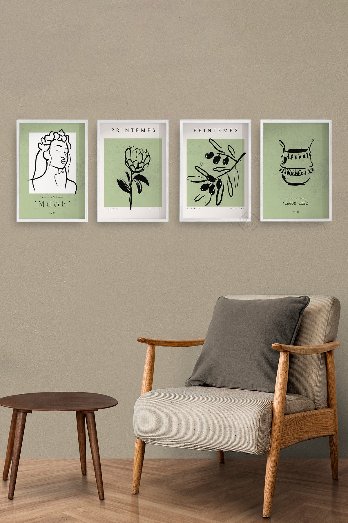 Yeşil Minimal 4'lü Beyaz Çerçeveli Poster, Tablo Seti No:10