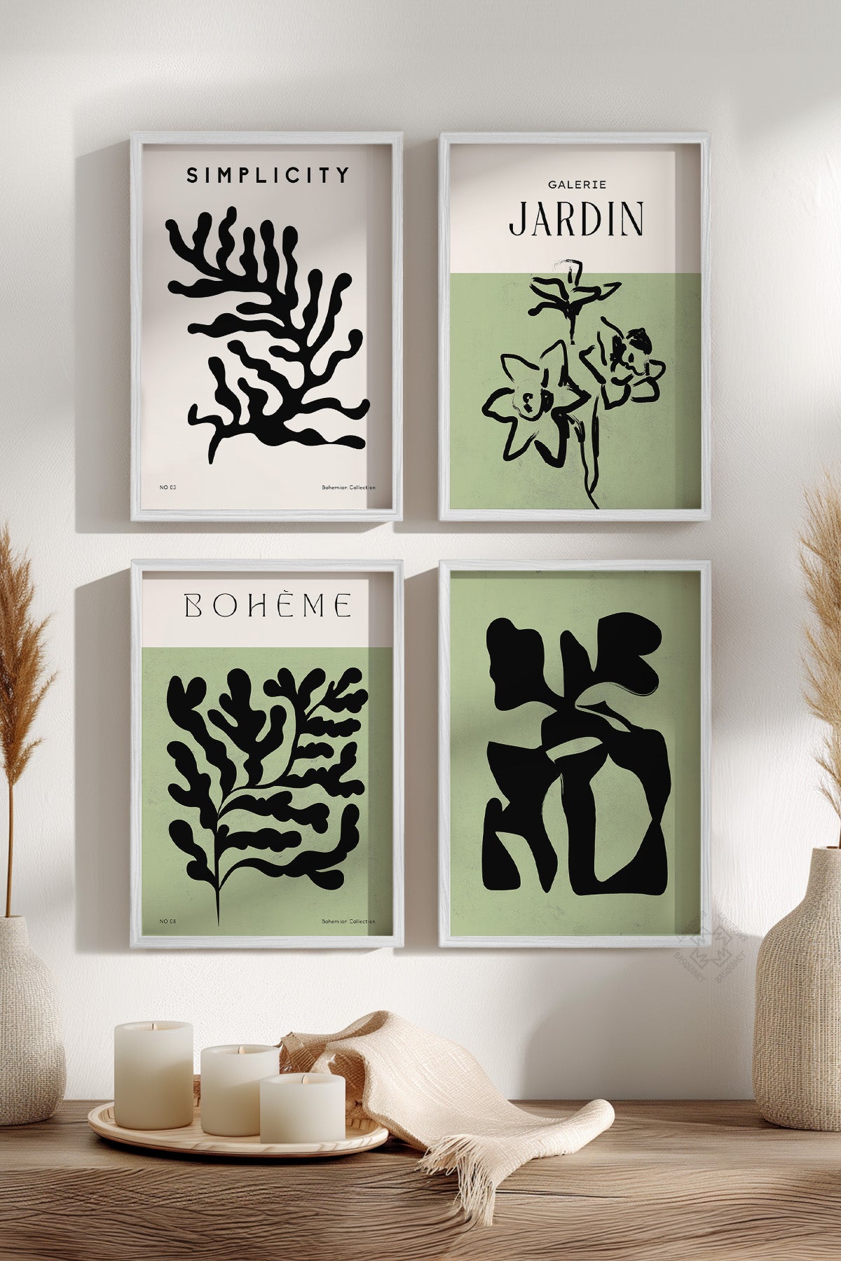 Minimalist Bohem Dekor 4'lü Beyaz Çerçeveli Poster, Tablo Seti No:9