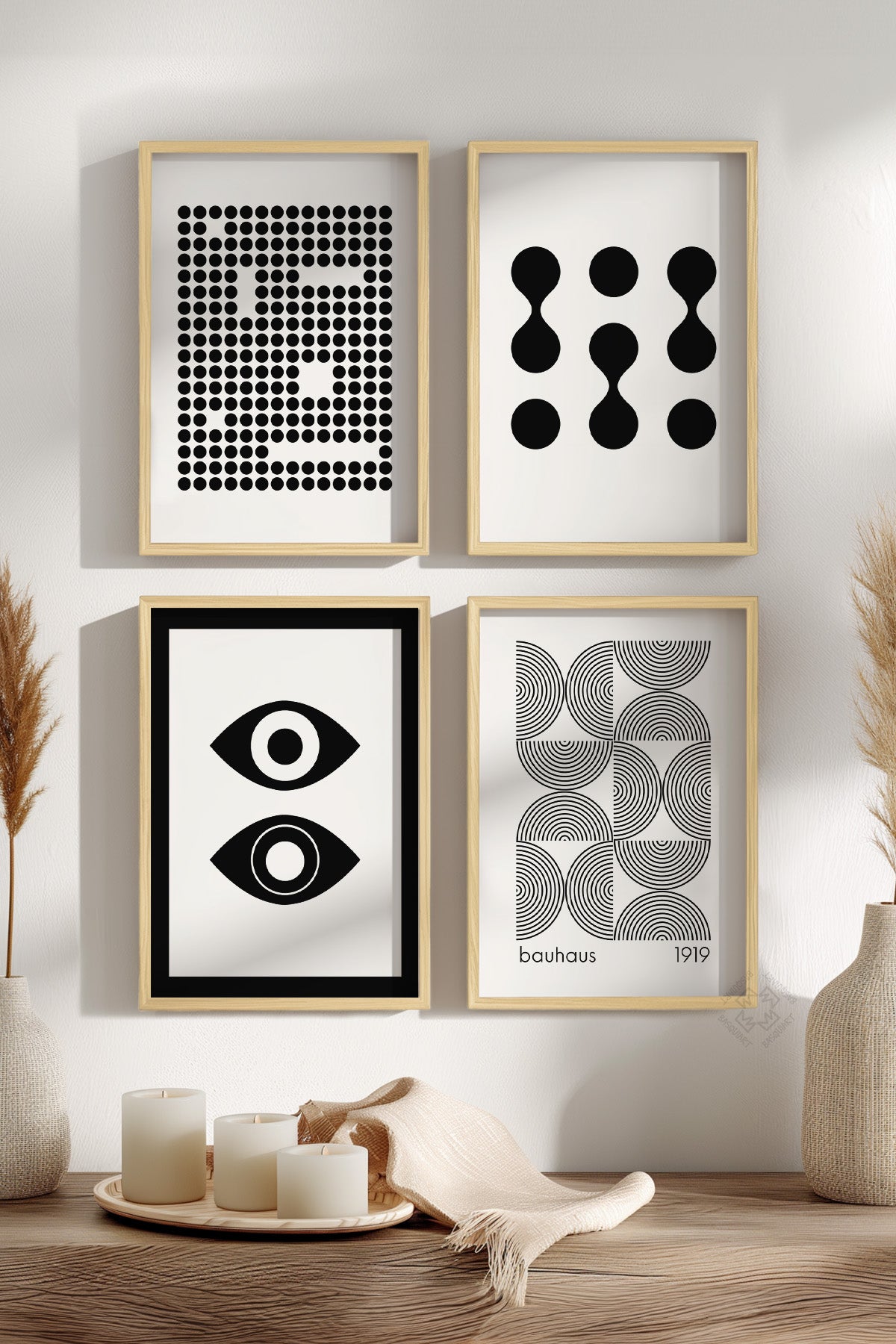 Siyah Beyaz Bauhaus 4'lü Ahşap Çerçeveli Poster, Tablo Seti No:24