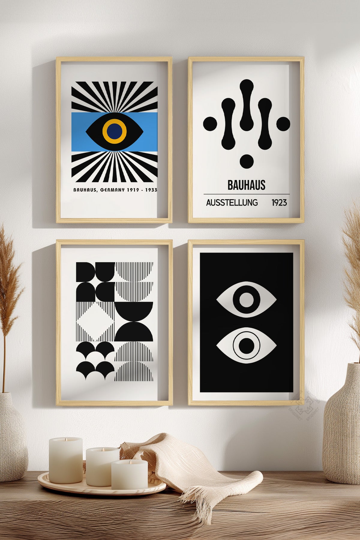 Bauhaus Modern 4'lü Ahşap Çerçeveli Poster, Tablo Seti No:27