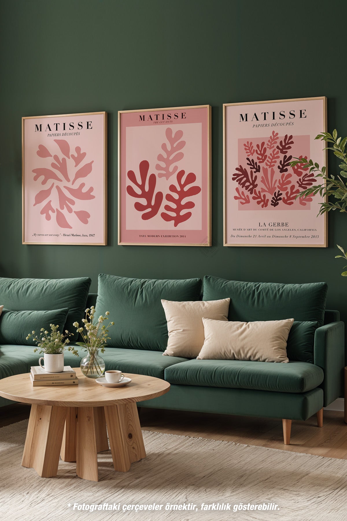 Pembe Matisse 3'lü Ahşap Çerçeveli Poster, Tablo Seti No:33