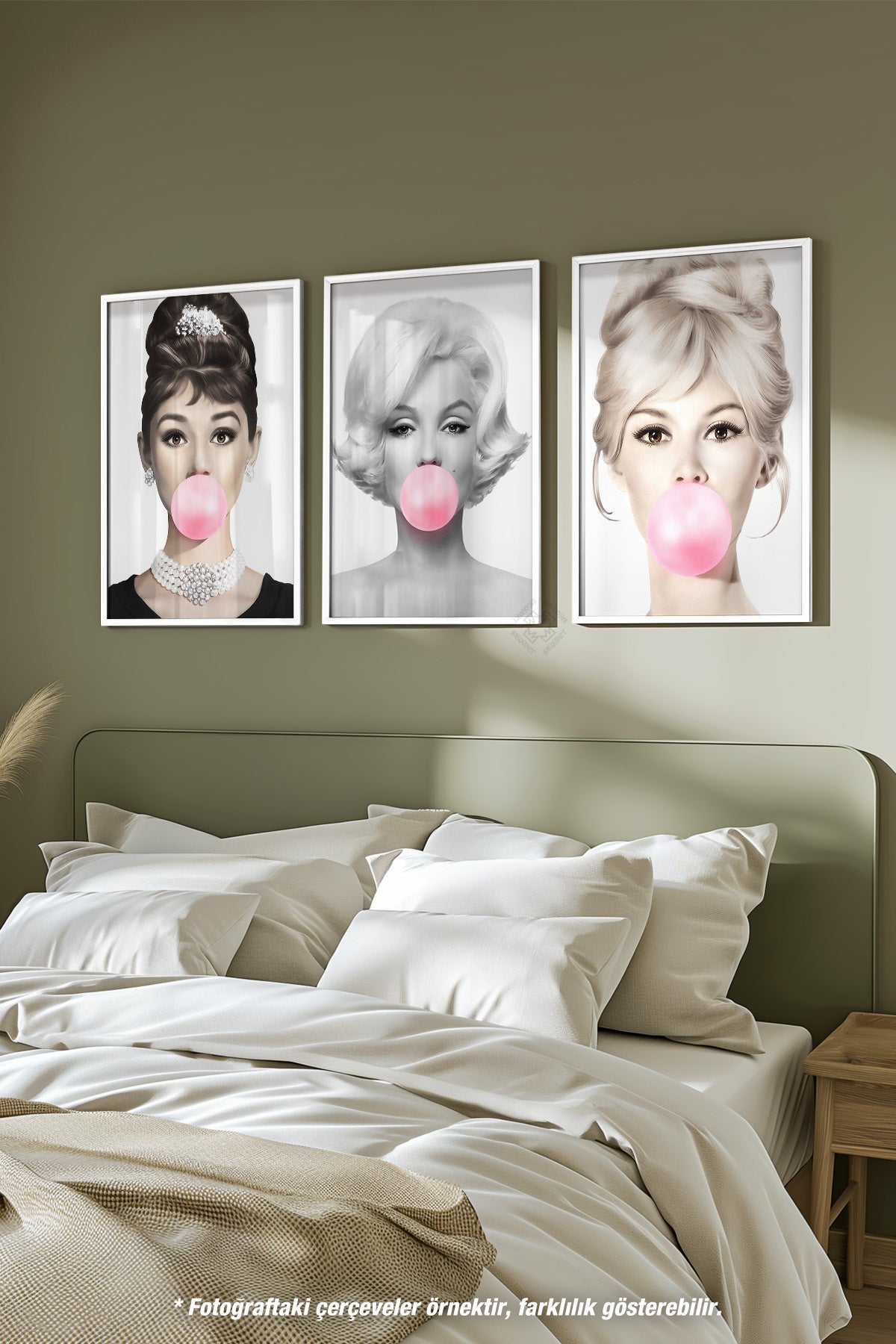 Hepburn, Monroe, Bardot 3'lü Beyaz Çerçeveli Poster, Tablo Seti No:28