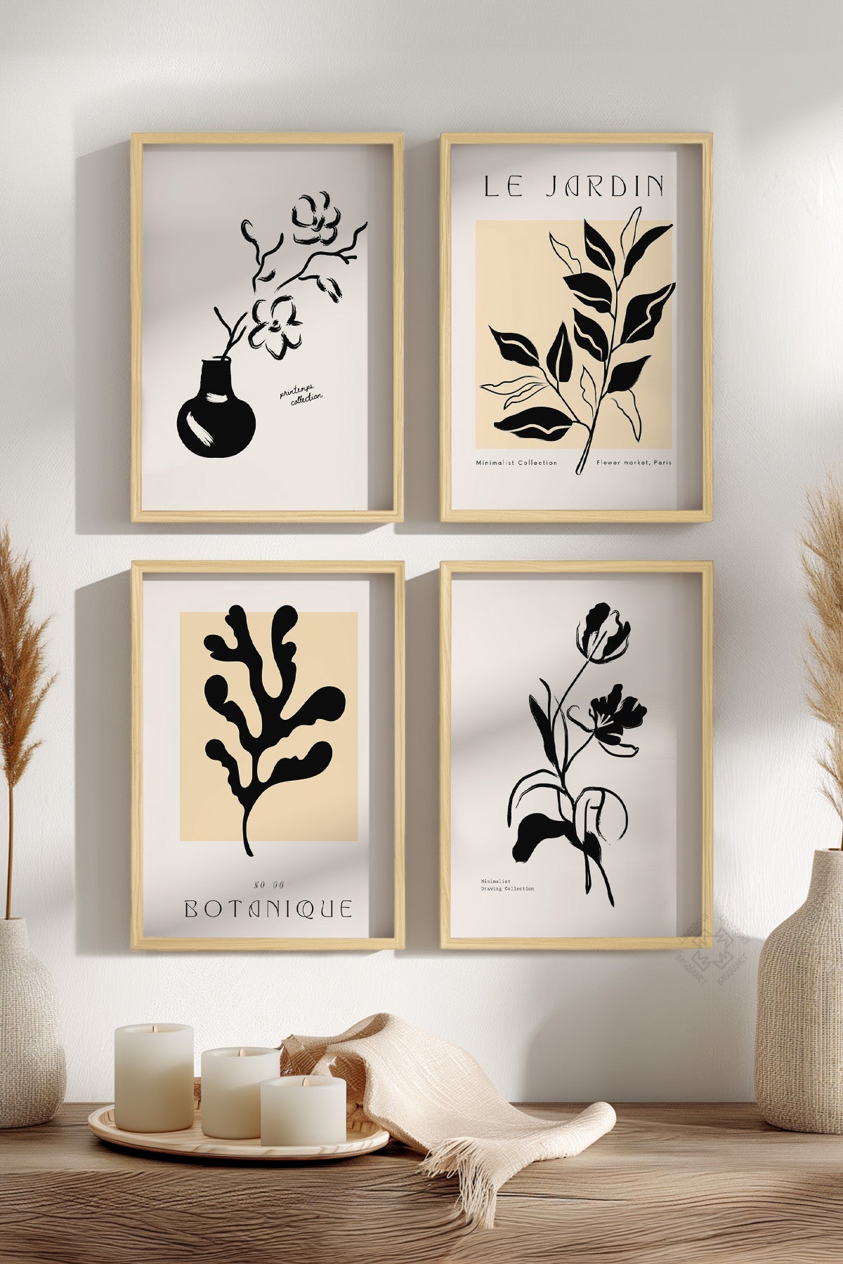 Modern Minimal 4'lü Ahşap Çerçeveli Poster, Tablo Seti No:15