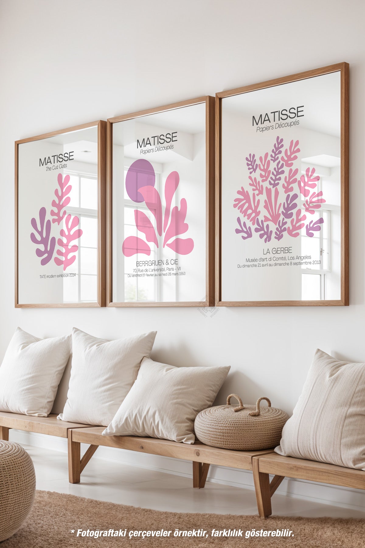 Pembe Minimal Matisse 3'lü Ahşap Çerçeveli Poster, Tablo Seti No:35