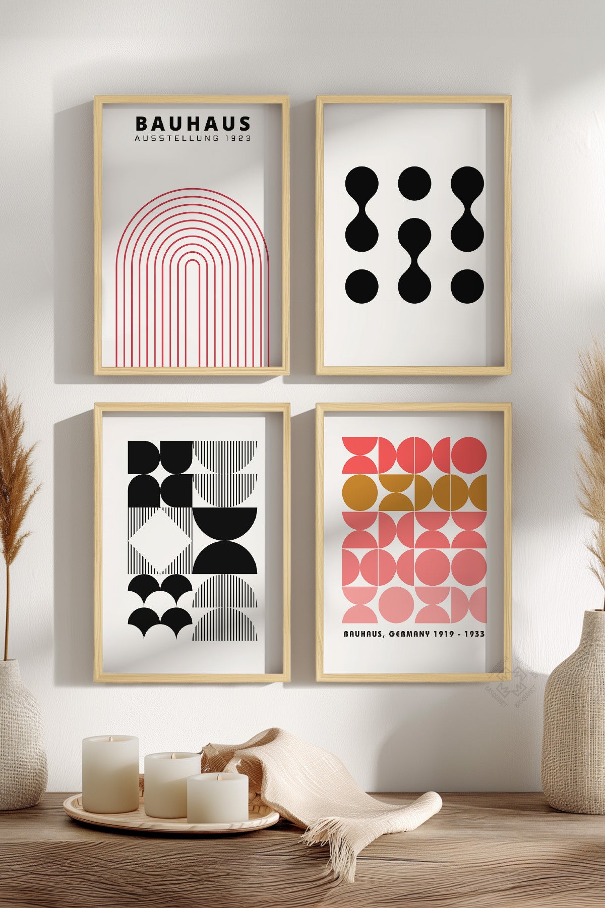Bauhaus Çizgisel 4'lü Ahşap Çerçeveli Poster, Tablo Seti No:26