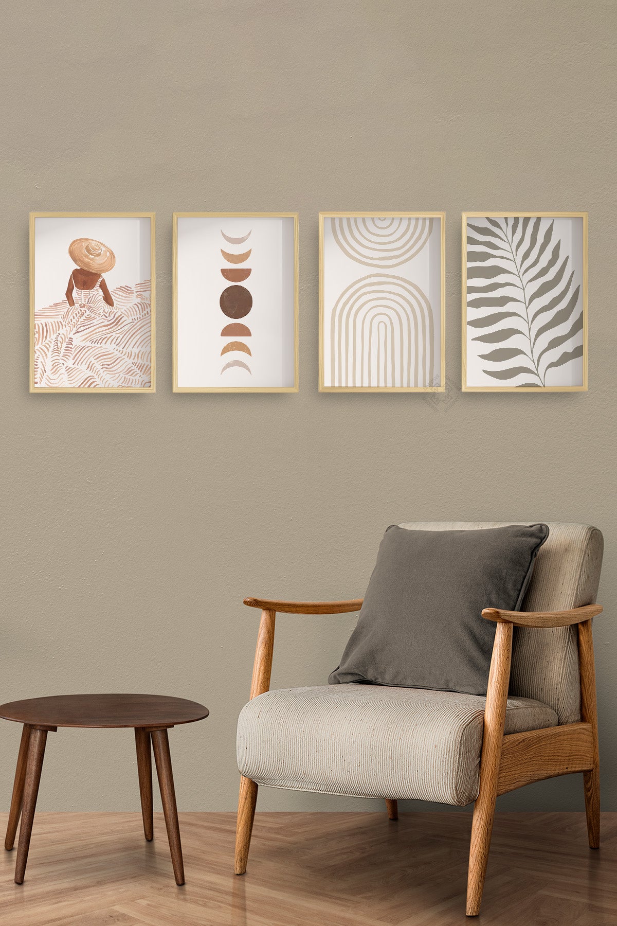 Boho Dekor 4'lü Ahşap Çerçeveli Poster, Tablo Seti No:2