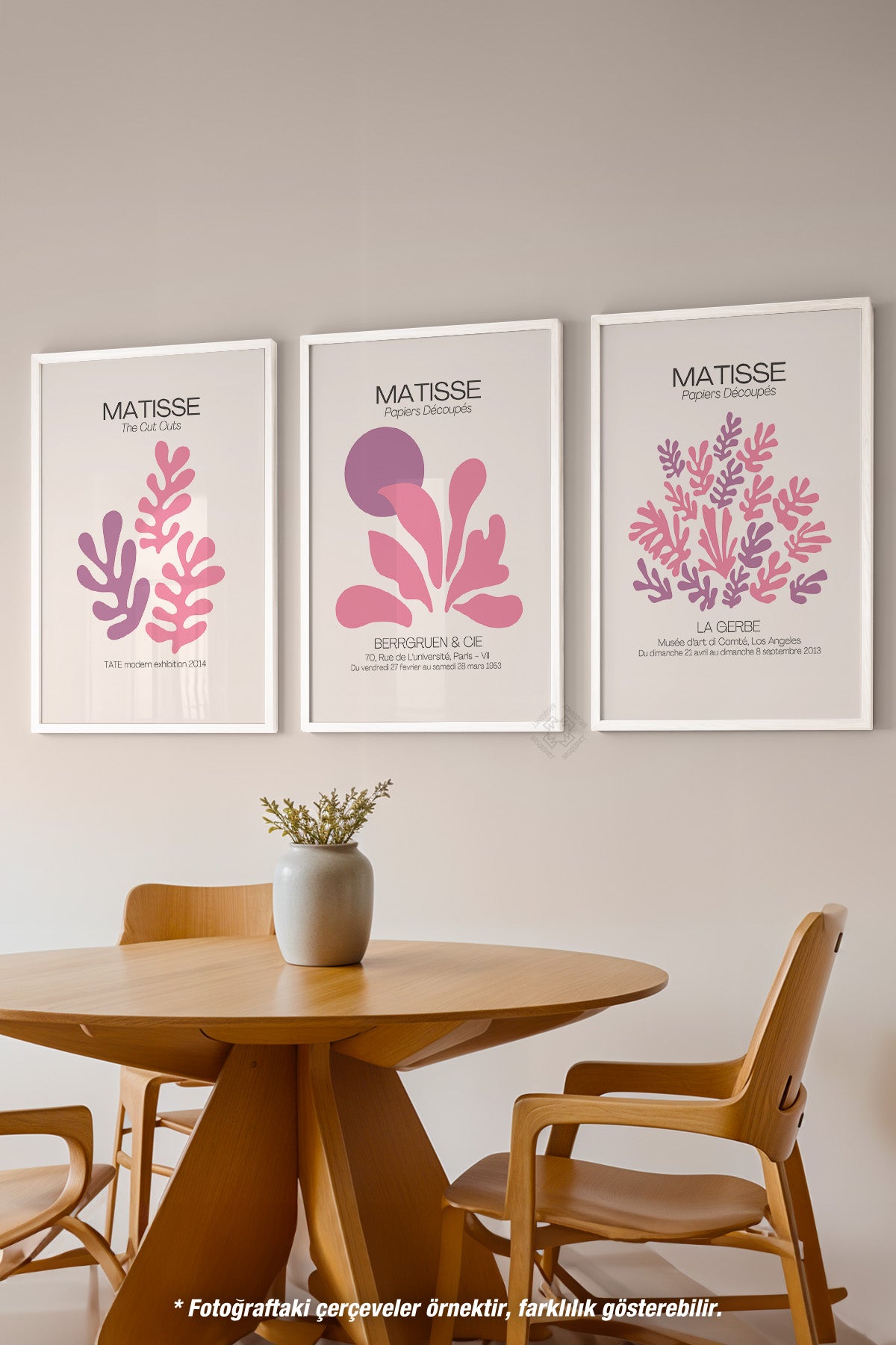 Pembe Minimal Matisse 3'lü Beyaz Çerçeveli Poster, Tablo Seti No:35