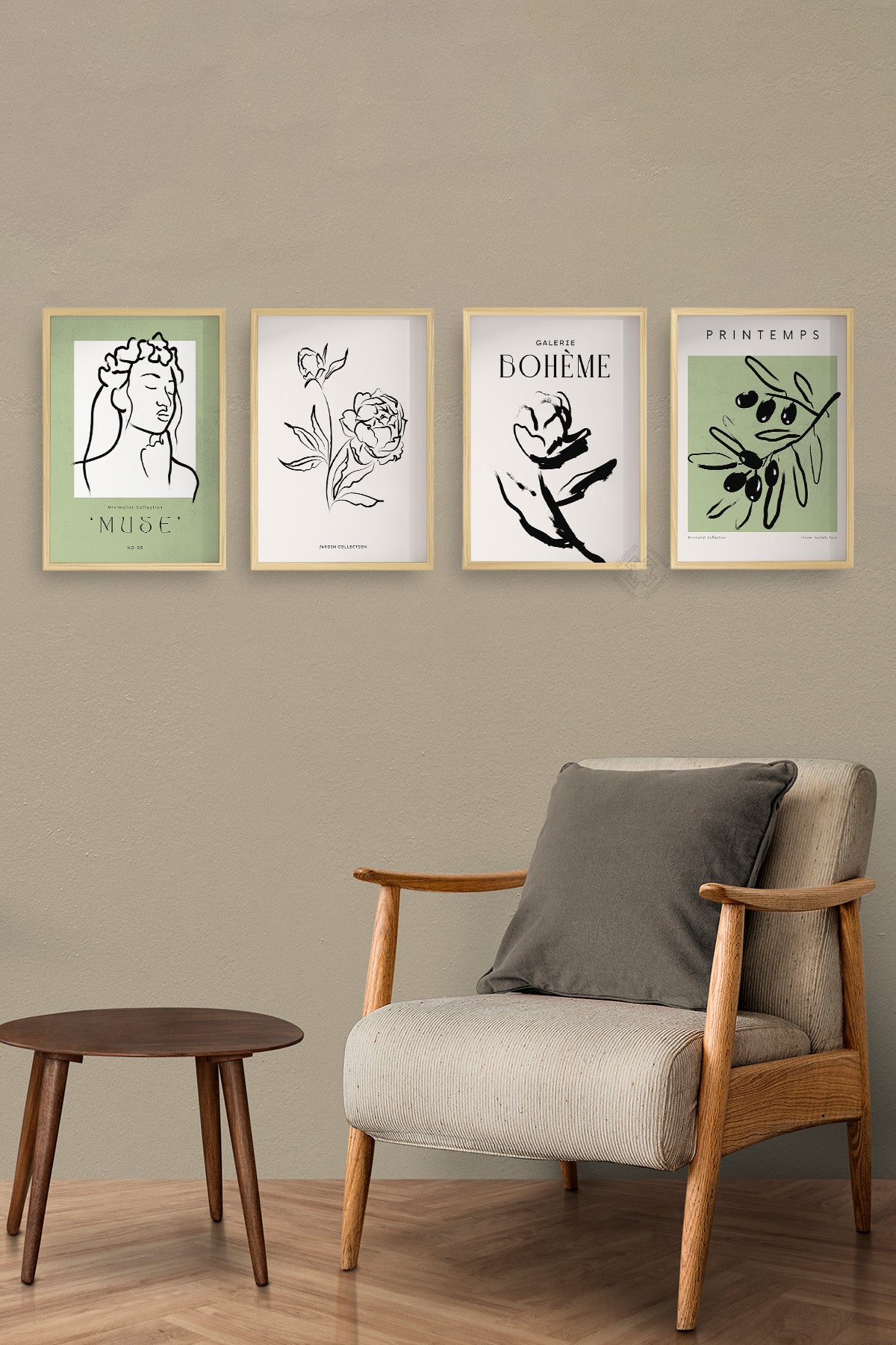 Boho Tarzı 4'lü Ahşap Çerçeveli Poster, Tablo Seti No:4