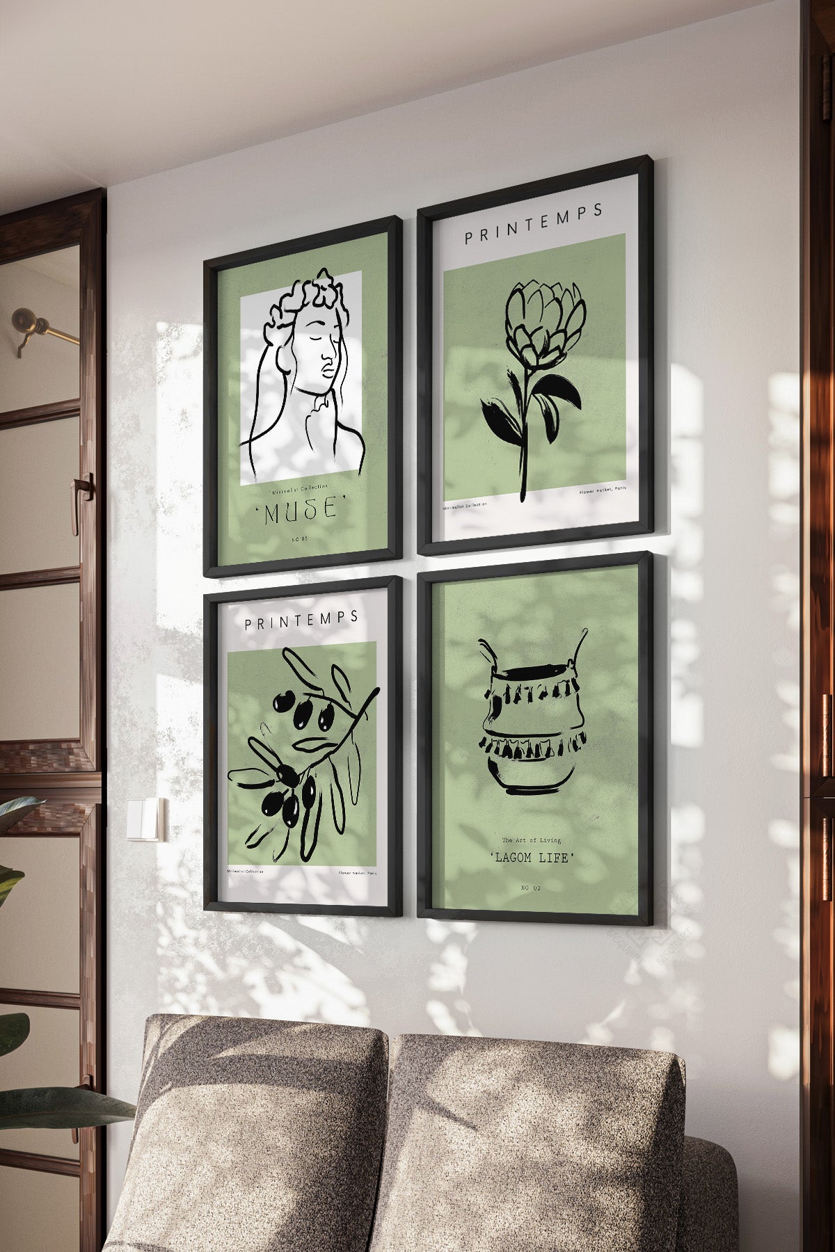 Yeşil Minimal 4'lü Siyah Çerçeveli Poster, Tablo Seti No:10