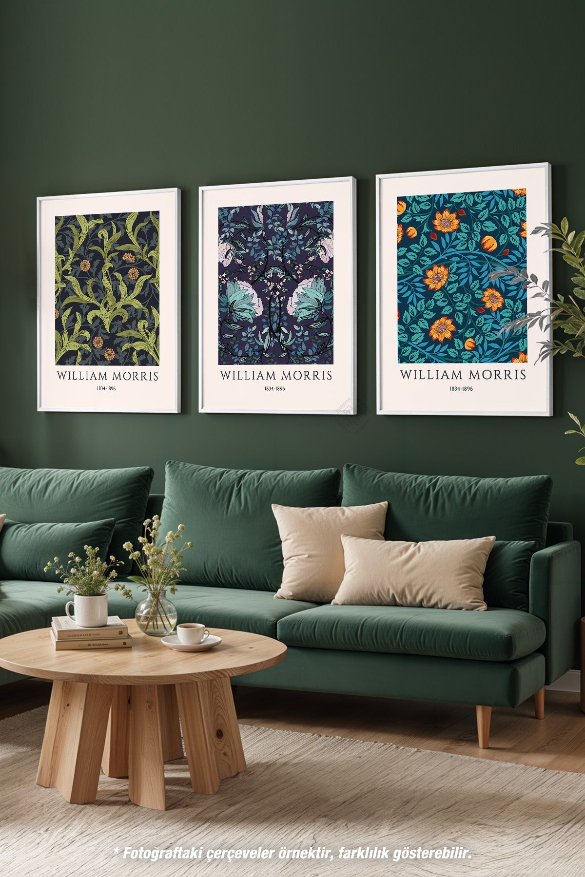 Çiçek Desenli Morris 3'lü Beyaz Çerçeveli Poster, Tablo Seti No:43