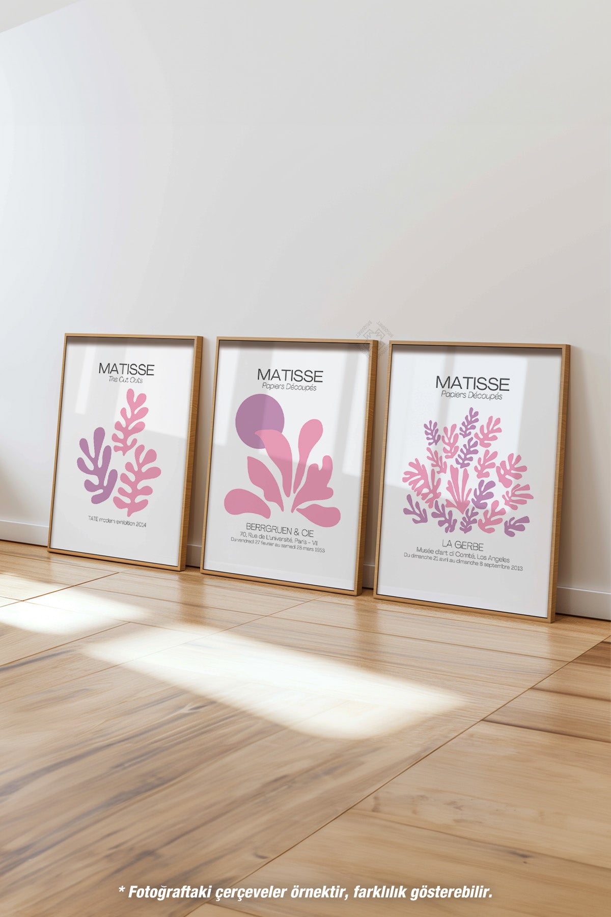 Pembe Minimal Matisse 3'lü Ahşap Çerçeveli Poster, Tablo Seti No:35