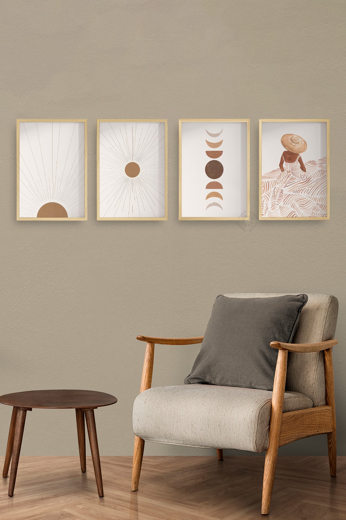 Bohem Dekoratif 4'lü Ahşap Çerçeveli Poster, Tablo Seti No:6