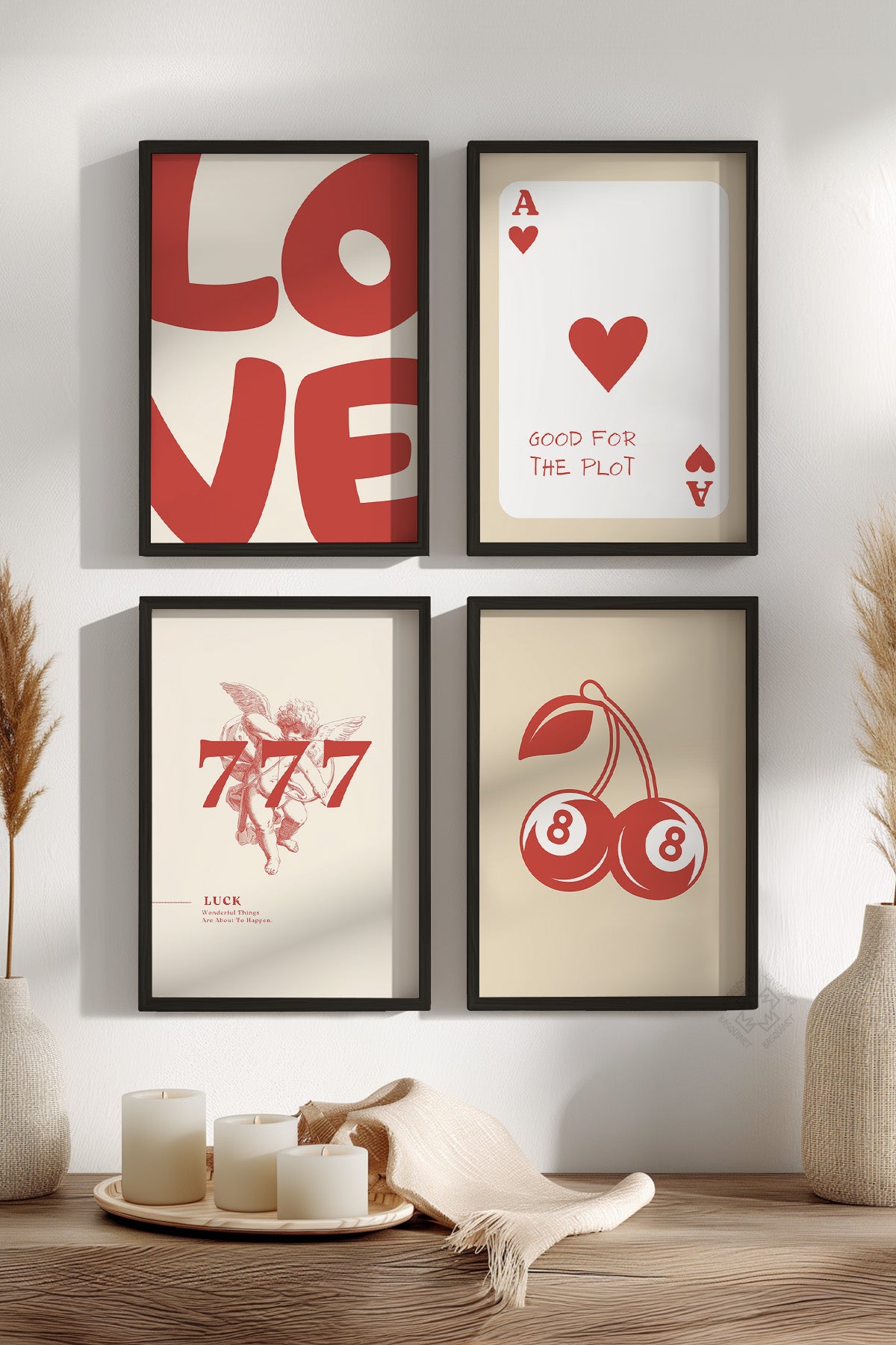 Şans, Aşk, İskambil 4'lü Siyah Çerçeveli Poster, Tablo Seti No:59