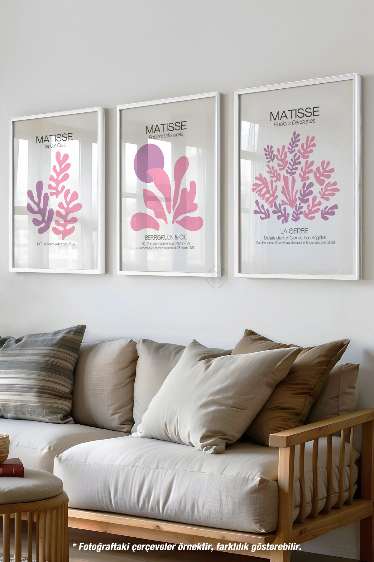 Pembe Minimal Matisse 3'lü Beyaz Çerçeveli Poster, Tablo Seti No:35