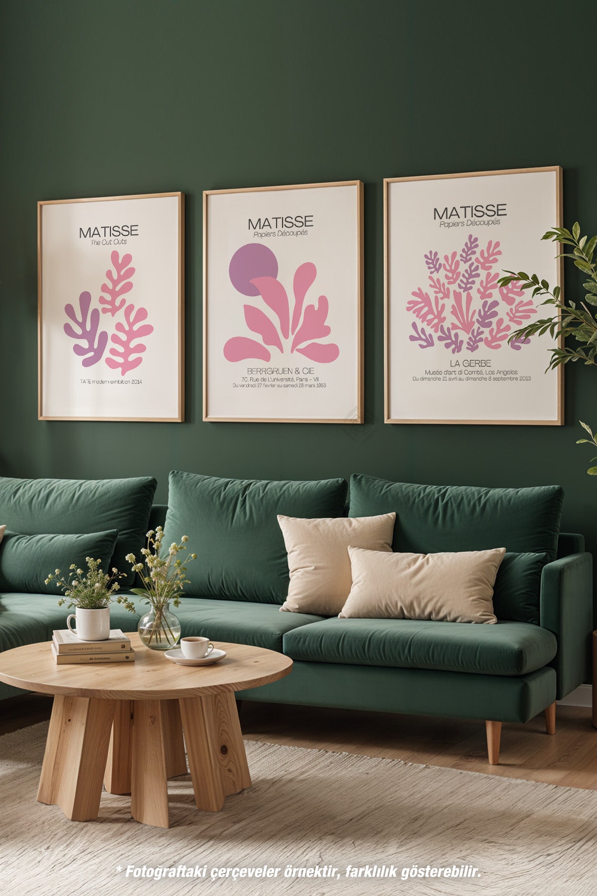 Pembe Minimal Matisse 3'lü Ahşap Çerçeveli Poster, Tablo Seti No:35