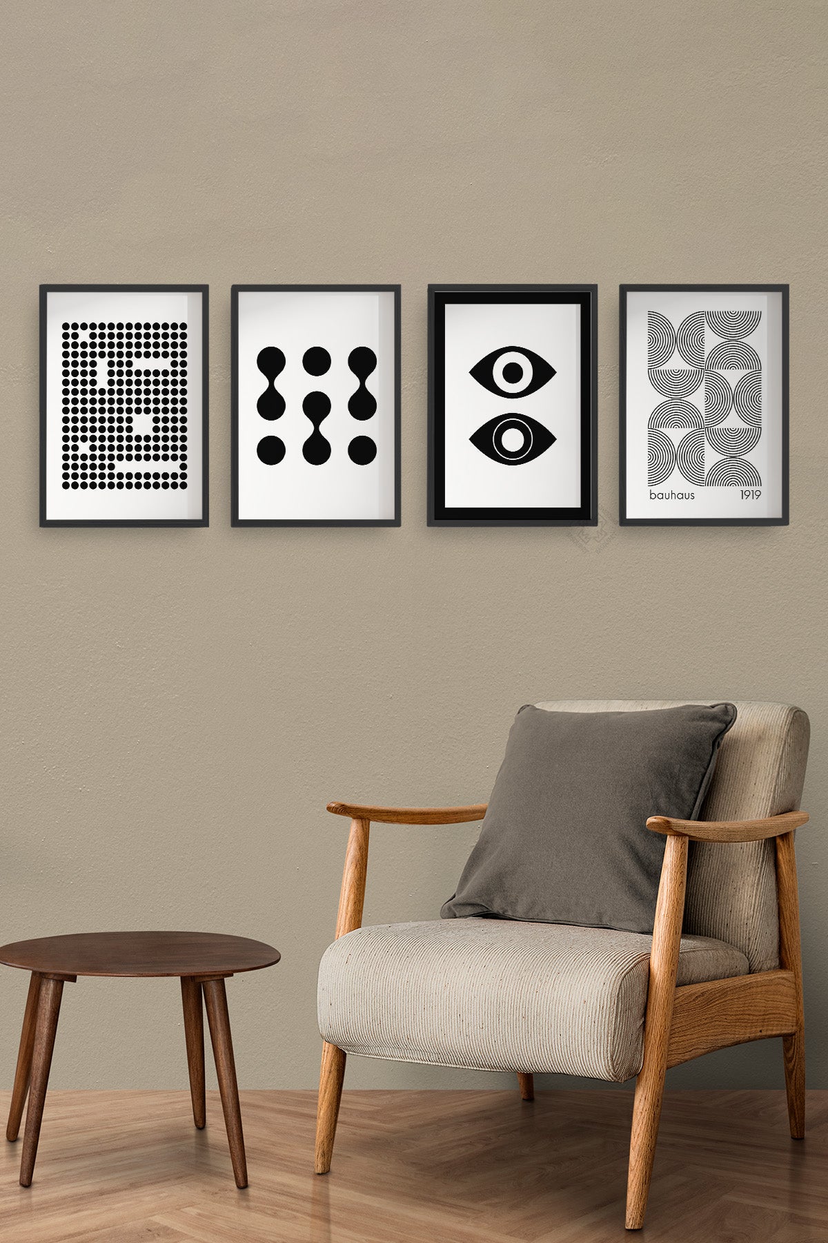 Siyah Beyaz Bauhaus 4'lü Siyah Çerçeveli Poster, Tablo Seti No:24