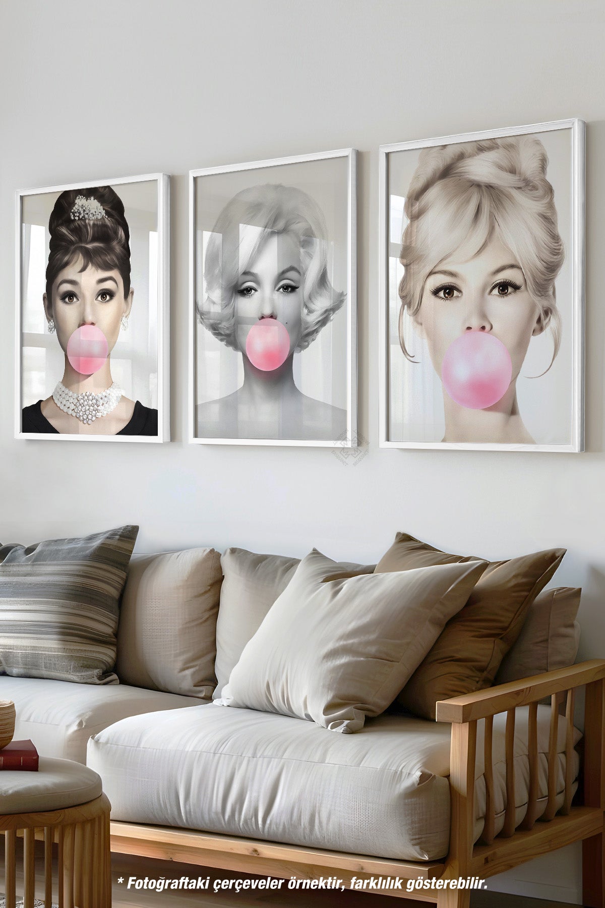 Hepburn, Monroe, Bardot 3'lü Beyaz Çerçeveli Poster, Tablo Seti No:28